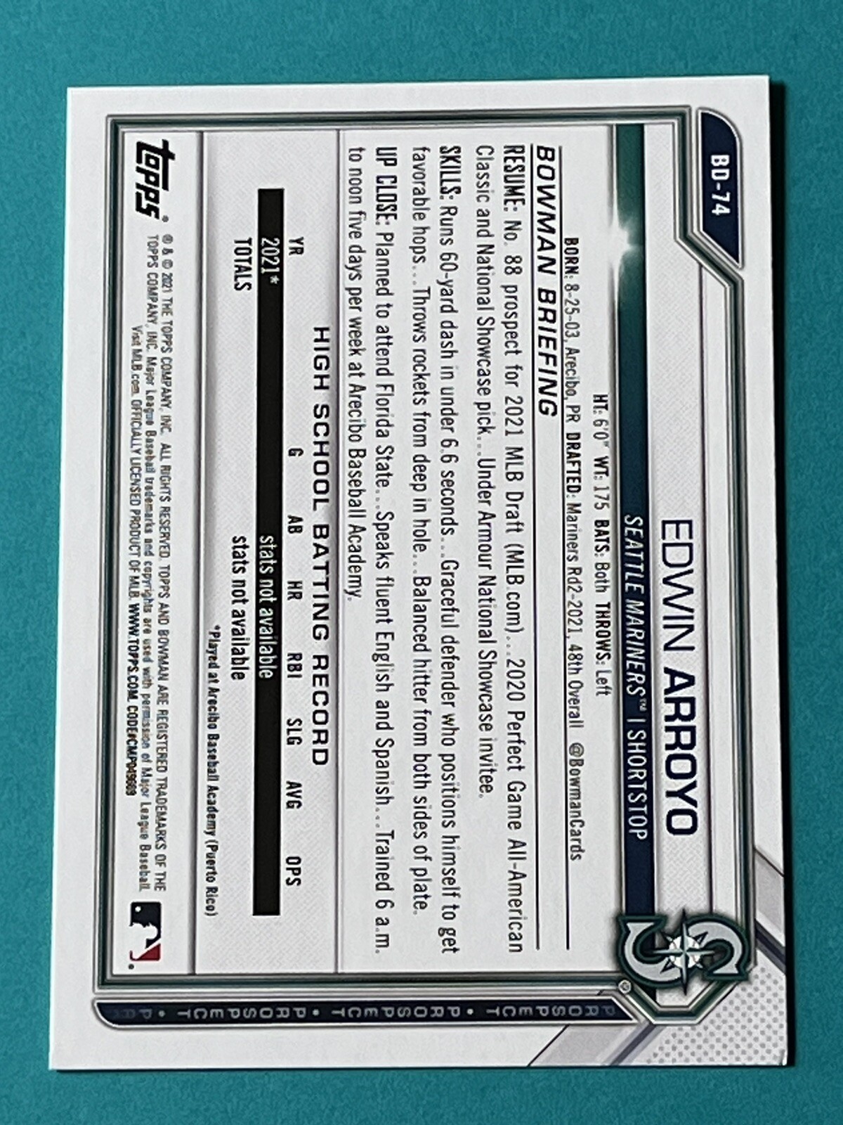EDWIN ARROYO 2021 Bowman Draft 1st Bowman #BD-74 Seattle Mariners Qty Avail
