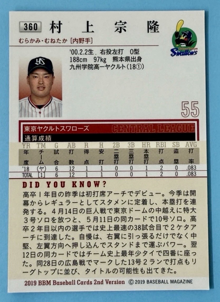 Munetaka Murakami 2019 BBM 2nd Version #360 2nd Year RC White Sox🔥US SELLER