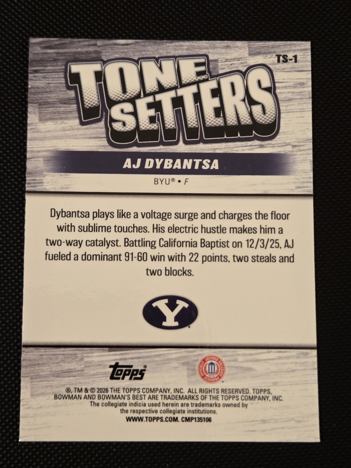 25-26 Bowman’s Best U AJ Dybantsa Yellow Lazer /75 #TS-1 Washington Wizards BYU