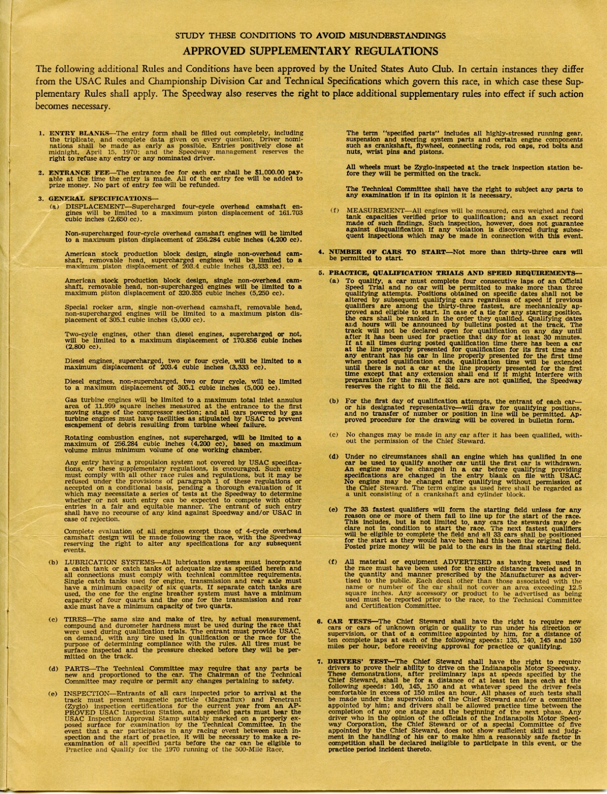 Indy 500 1970 OFFICIAL ENTRY BLANK RULES AND REGULATIONS
