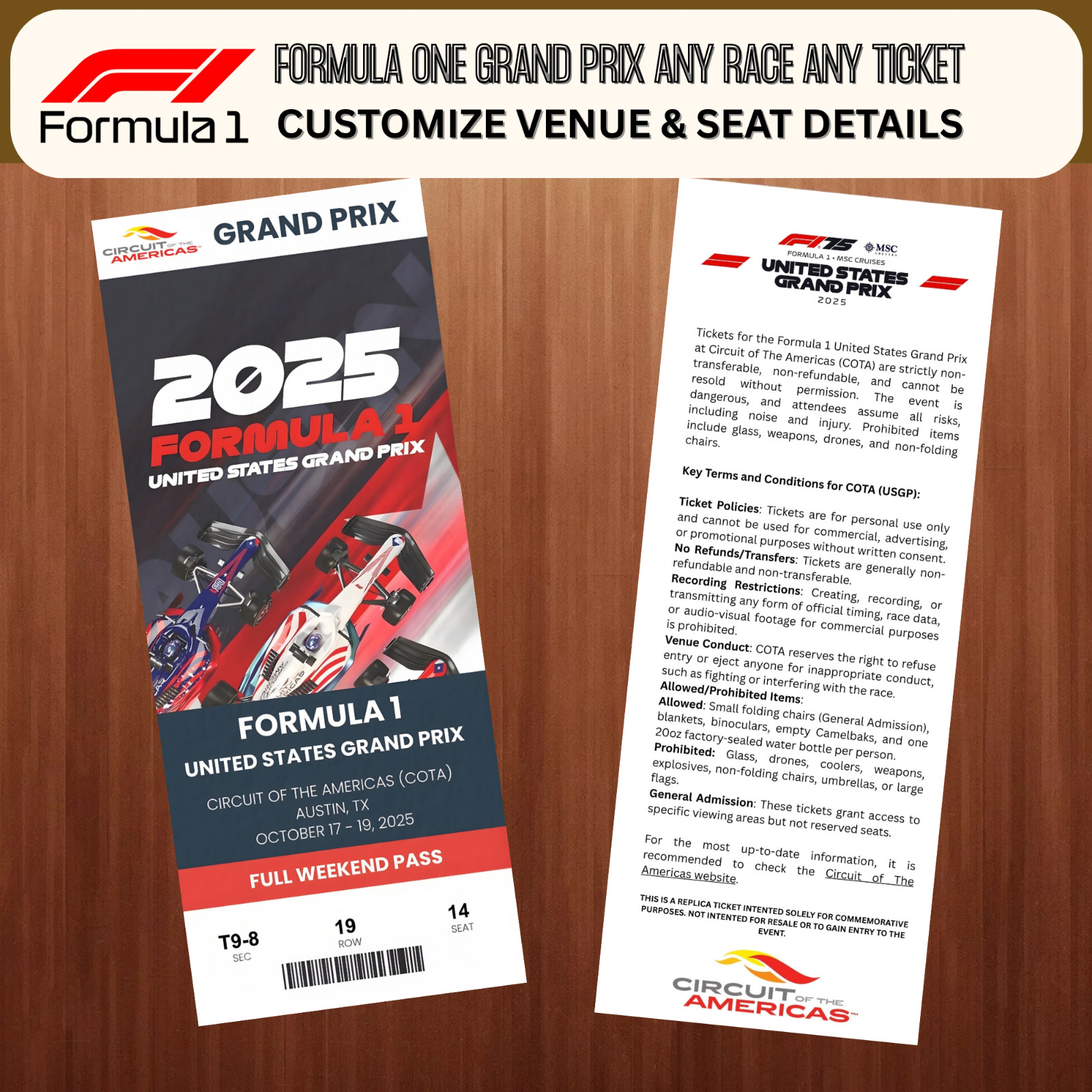 F1 Grand Prix Commemorative Custom Ticket Stub Any Grand Prix Any Year Any Seat