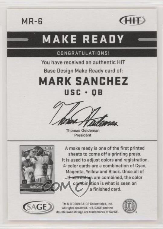2009 SAGE Hit Make Ready Yellow 33/50 Mark Sanchez (Back) #MR-6 Rookie RC jn3