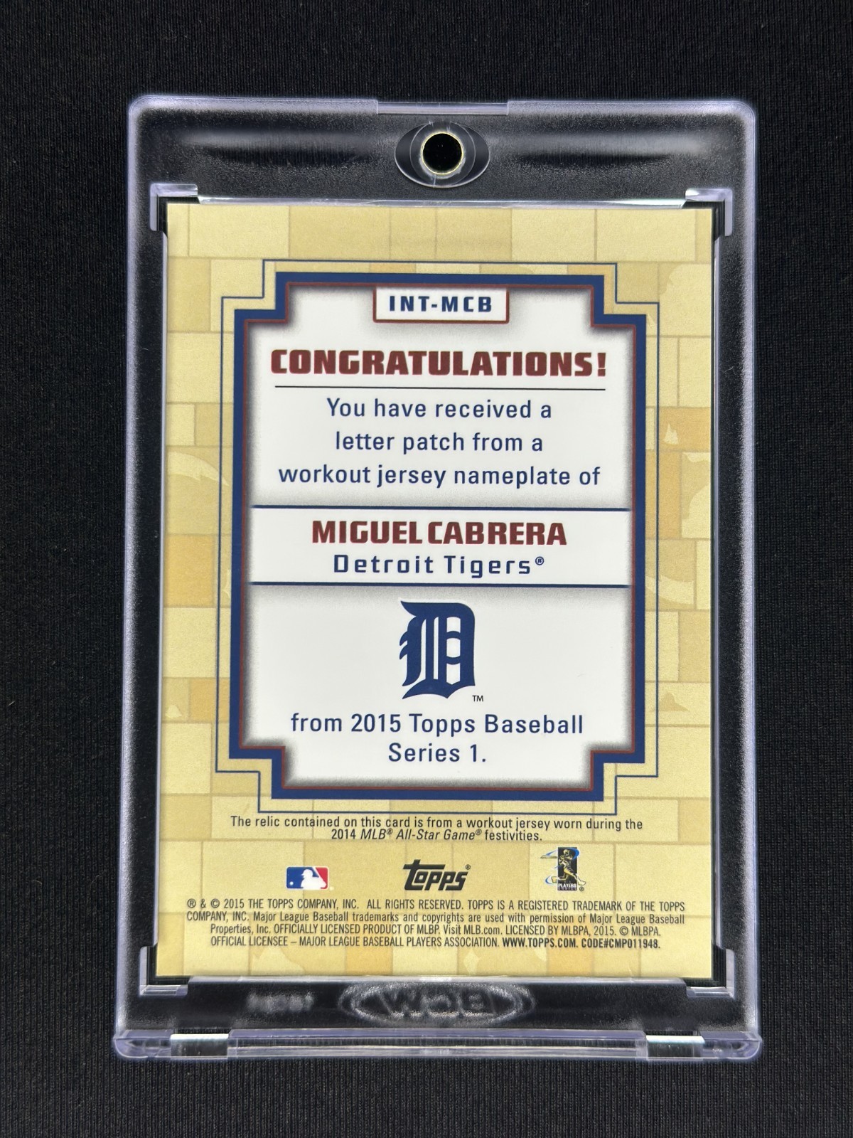 MIGUEL CABRERA 2015 Topps Series 1 In The Name Letter Patch Game Used 1/1