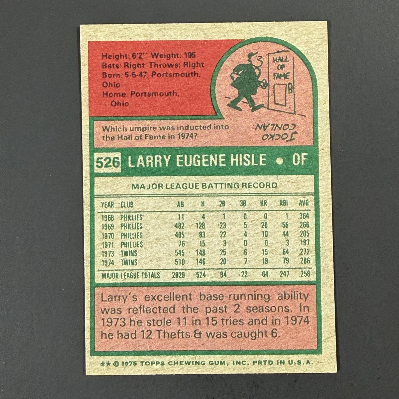 1975 Topps Mini #526 Larry Hisle Minnesota Twins NM