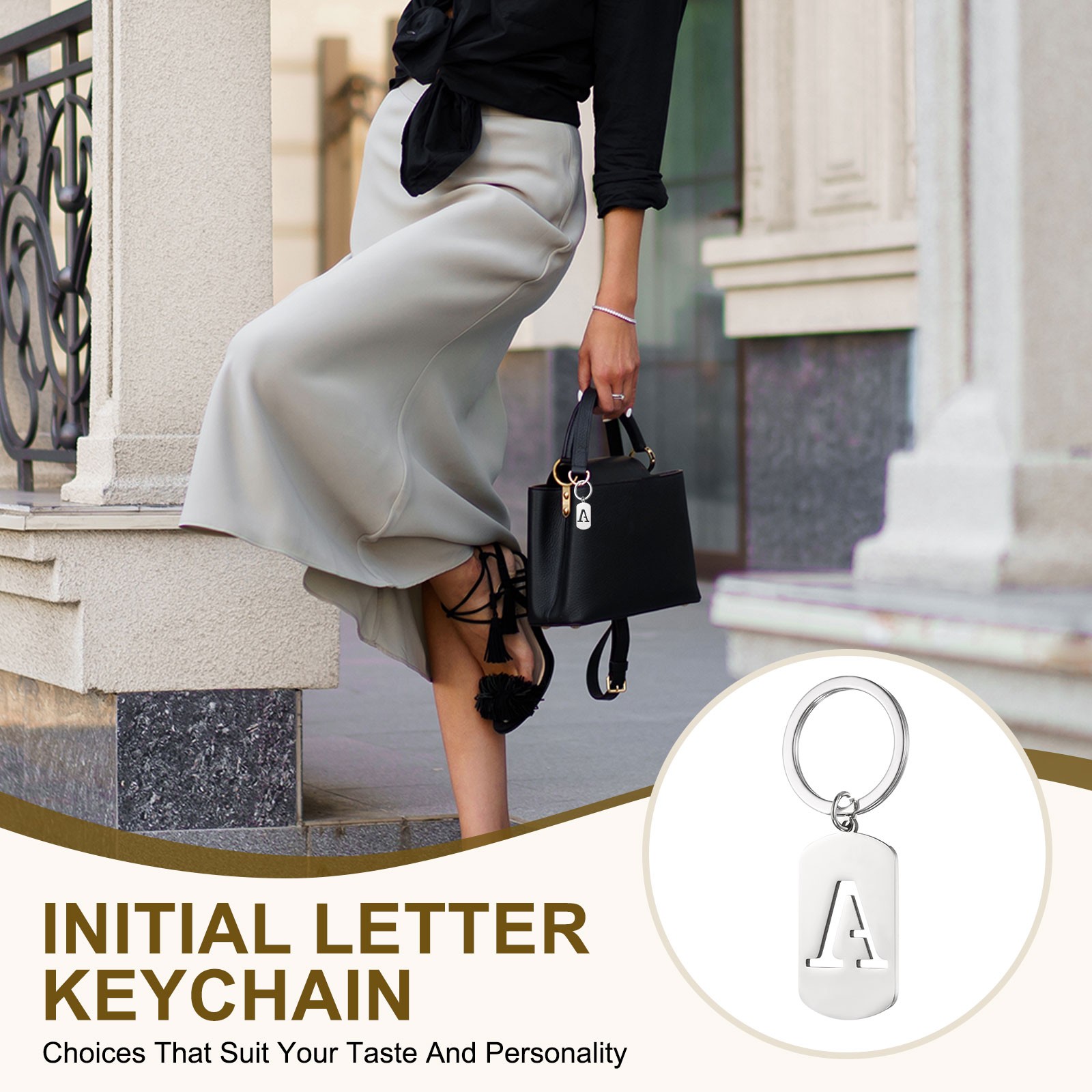Initial Letter Key Chain, A-Z KeyChain Pendant Key Ring, Silver (Letter S)