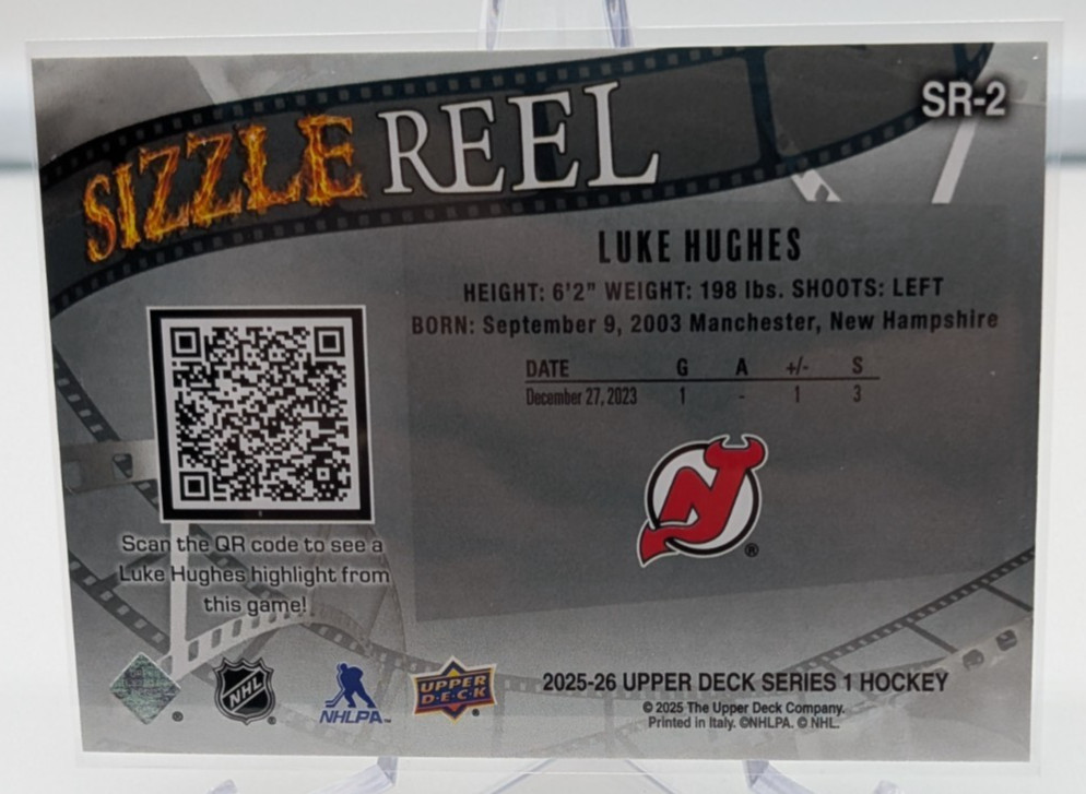 2025-26 Upper Deck Series 1 #SR-2 Luke Hughes Sizzle Reel New Jersey Devils