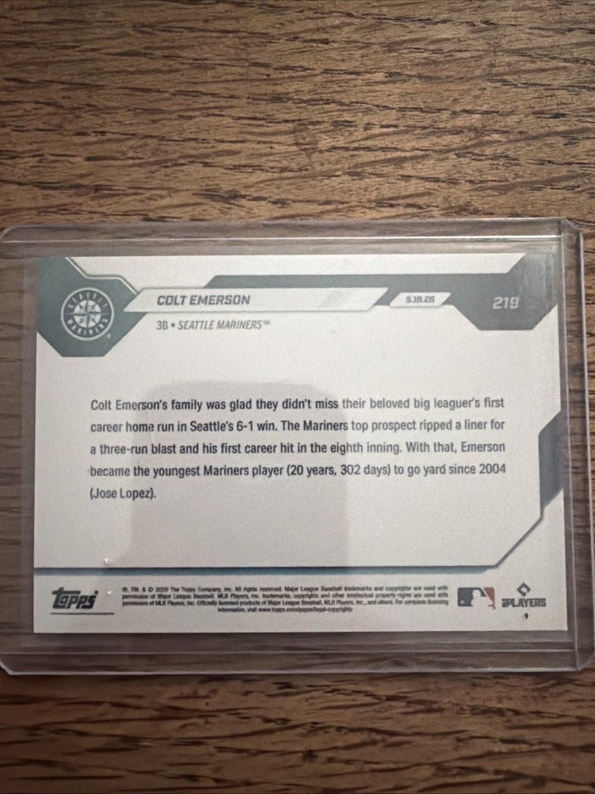 2026 MLB Topps NOW® Colt Emerson Card#219 1st MLB HIT HR (Base)