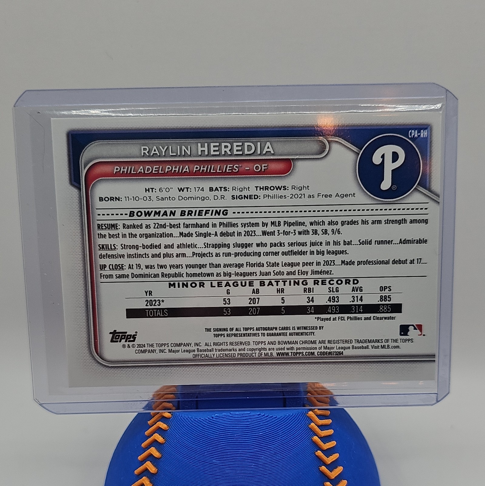 Topps 2024 Bowman Raylin Heredia Phillies CPA-RH Green Auto 68/99 RC Insert