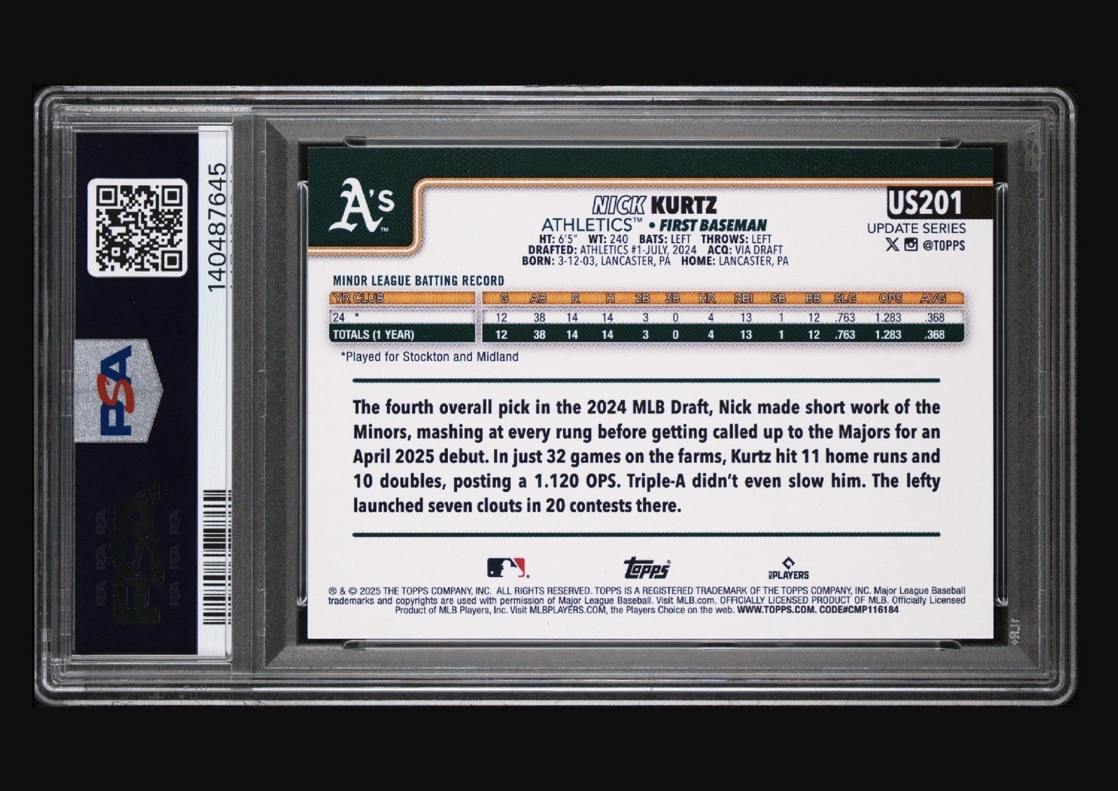 Nick Kurtz PSA 10- 2025 Topps Update #US201 Athletics Rookie