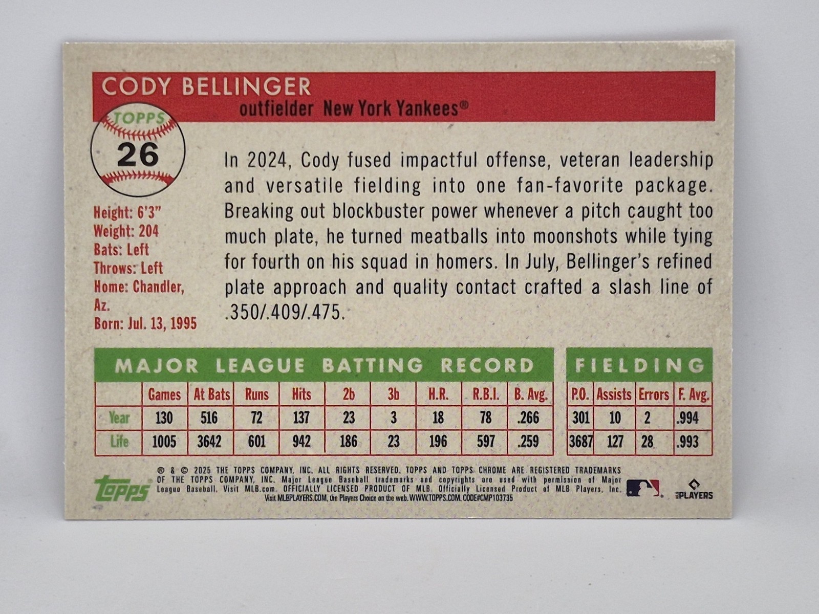 2025 Topps Chrome Platinum Cody Bellinger Rose Gold/Toile Cream Refractor /75