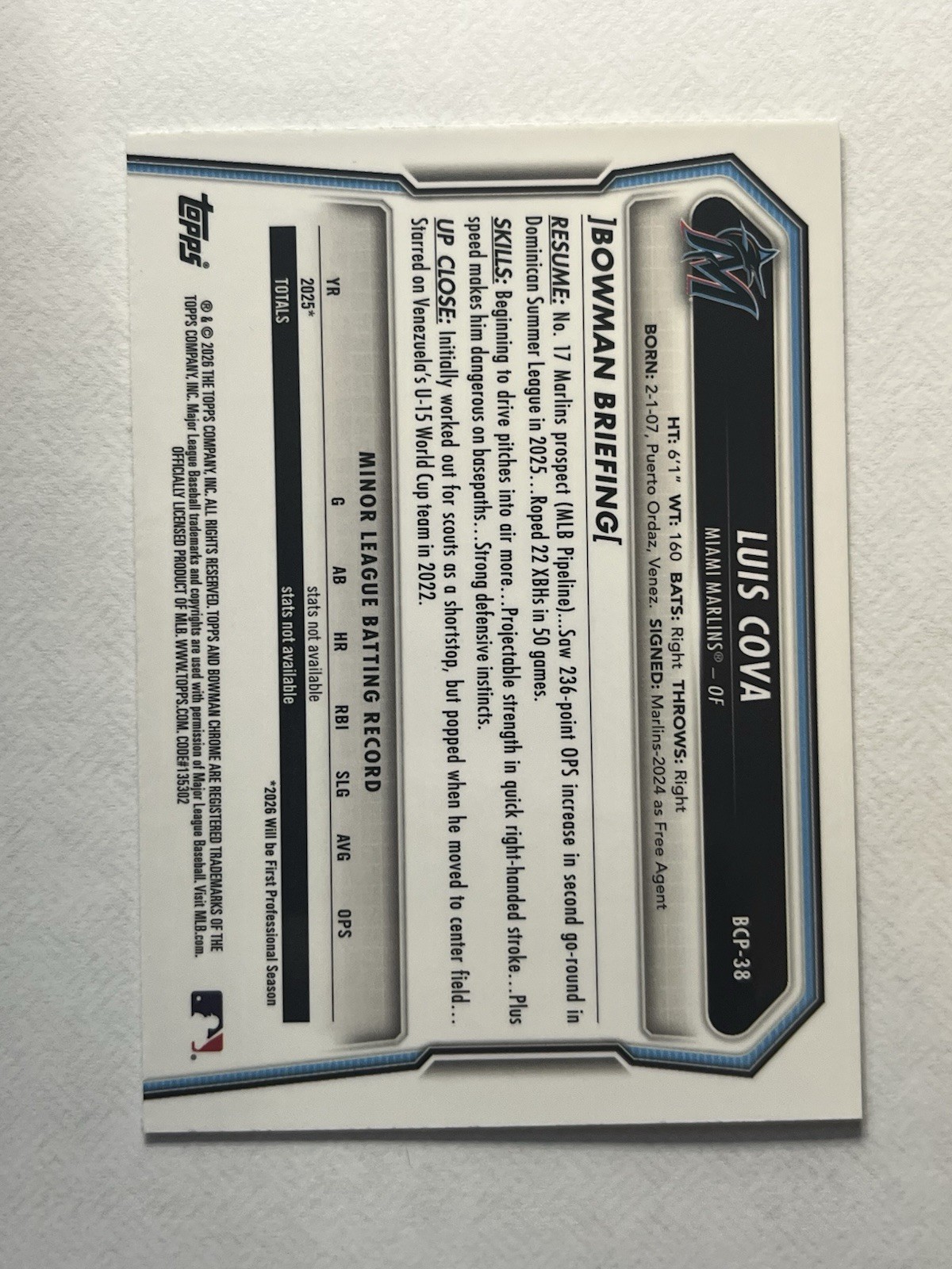 2026 Bowman Chrome Sapphire Yellow Wave Luis Cova /75 Miami Marlins #BCP-38 1st