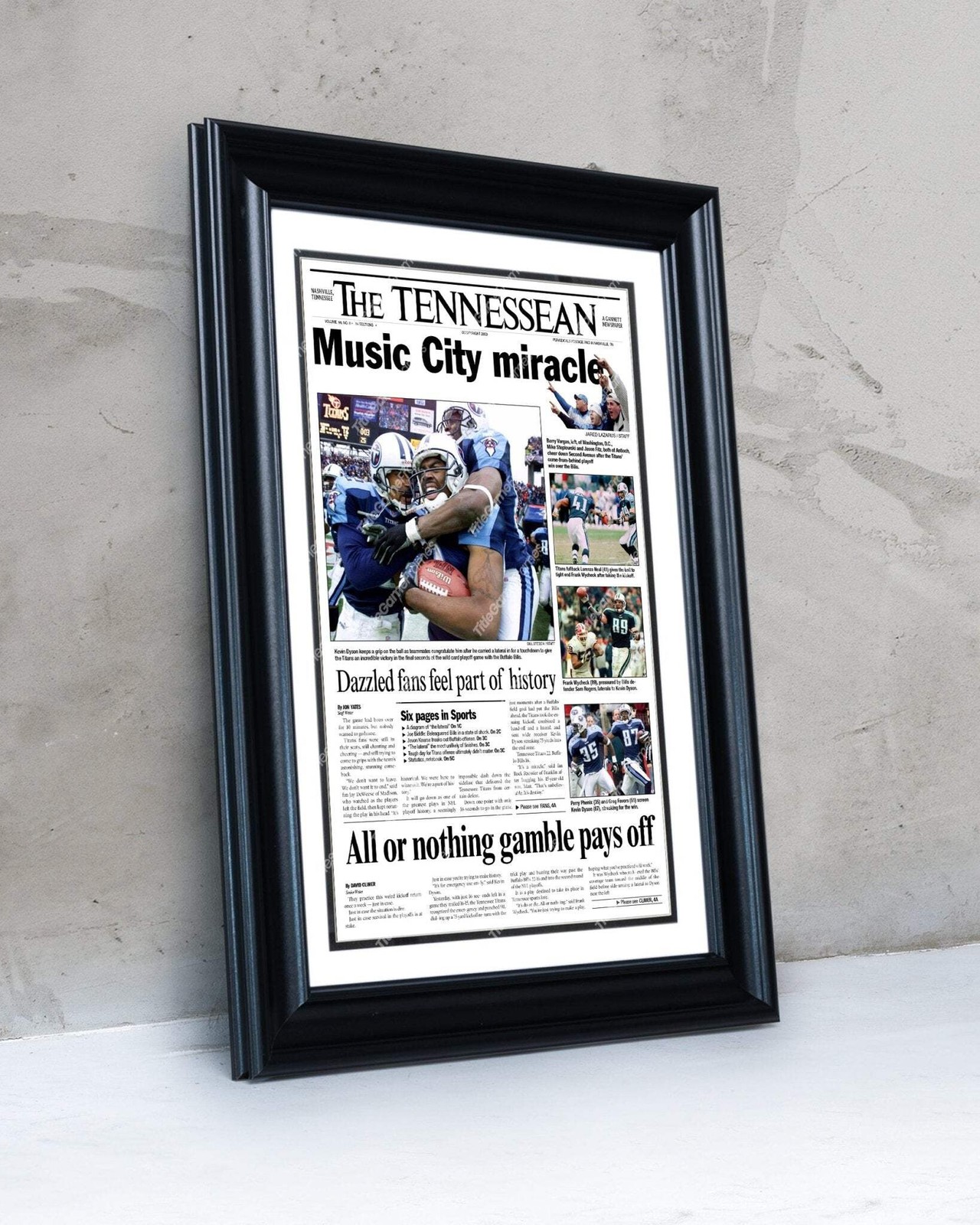 2000 Tennessee Titans ‘Music City Miracle’ Framed Newspaper.