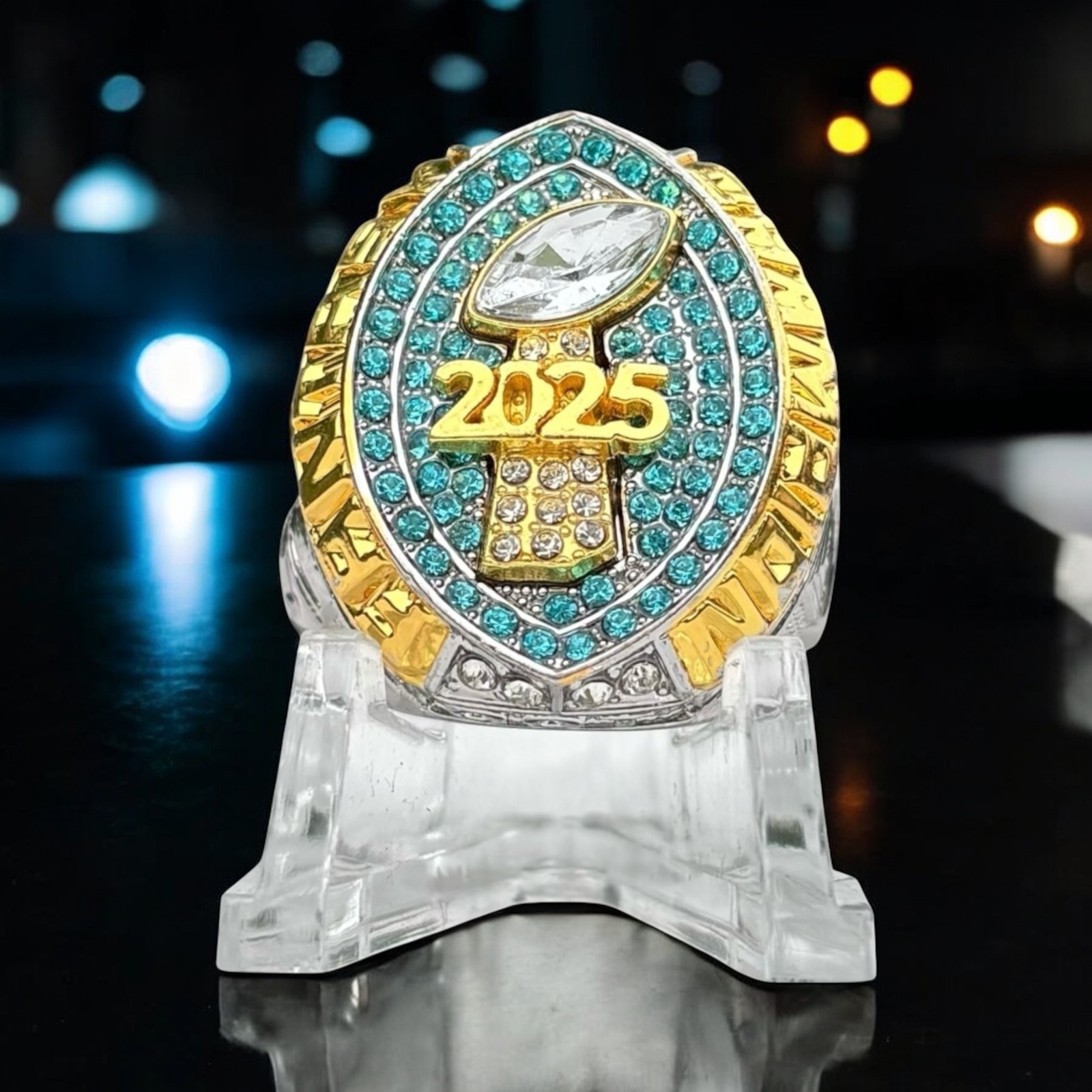 2025 Fantasy Football Championship Ring Gold + Silver Tone Light Blue stones