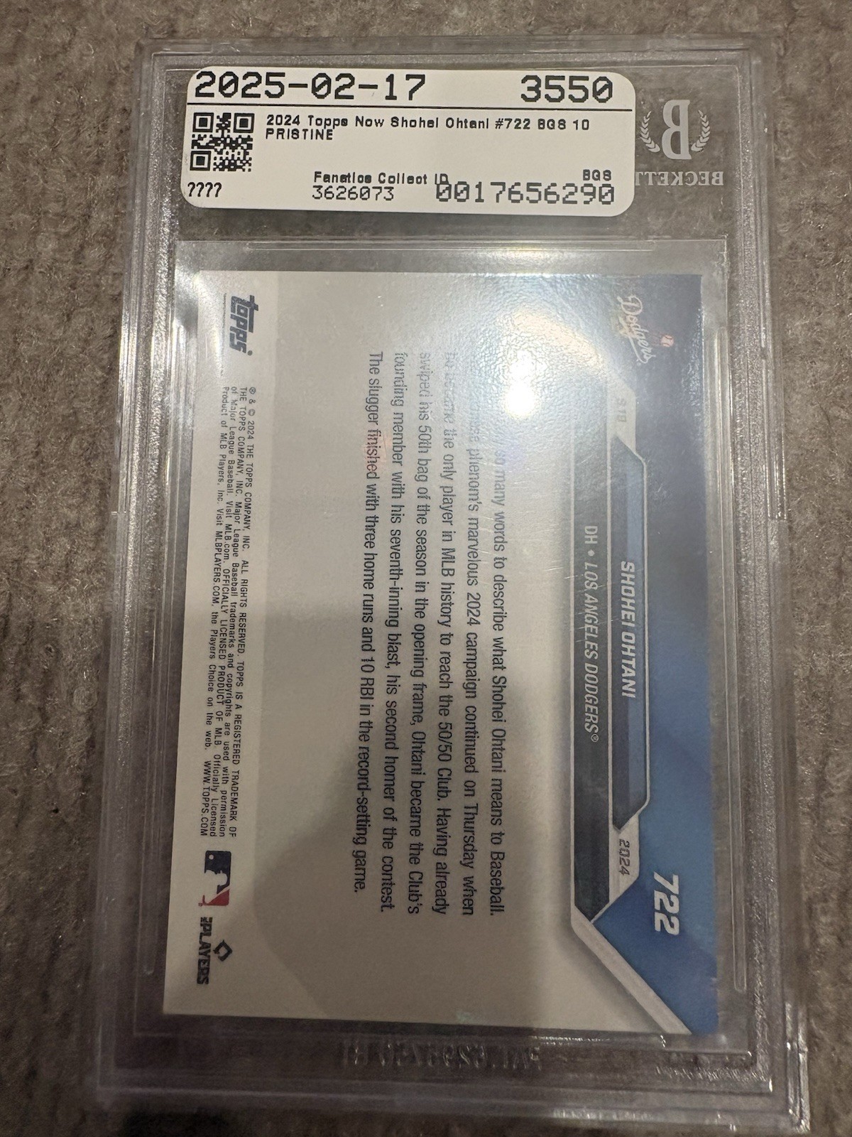 Topps 2024 Now Shohei Ohtani #722 Beckett Pristine 10 50/50 Dodgers Card