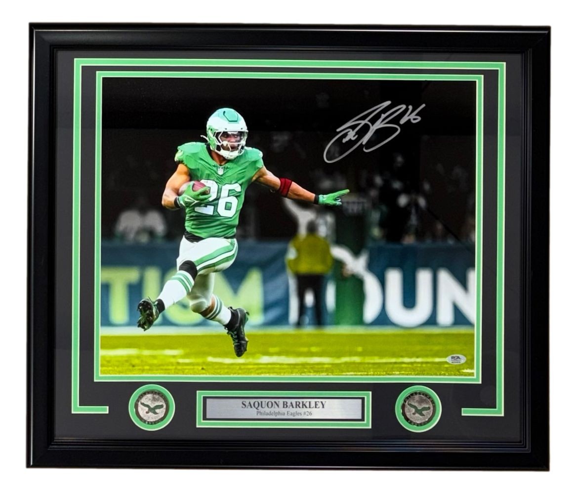 Saquon Barkley Signed Framed 16×20 Eagles Kelly Green Jersey Photo PSA/DNA ITP