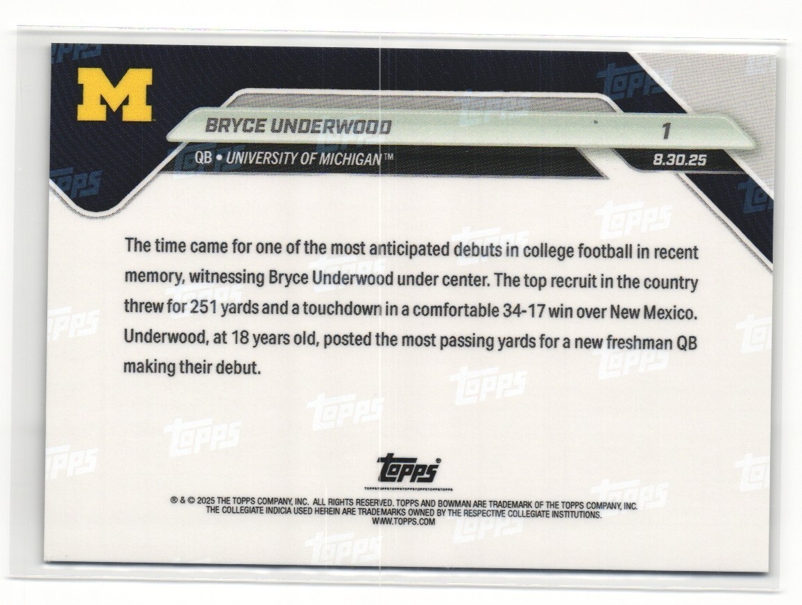 2025 BOWMAN U NOW #1 BRYCE UNDERWOOD MICHIGAN QB DEBUTS