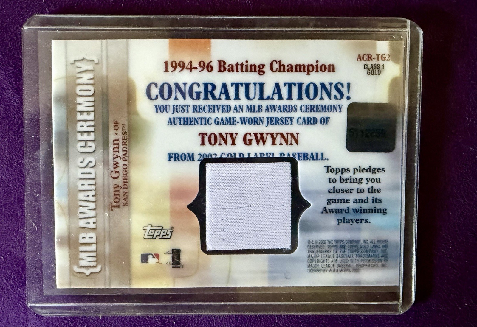 2002 Topps Gold Label Tony Gwynn MLB Awards Ceremony ACR-TG2 Class 1 Gold