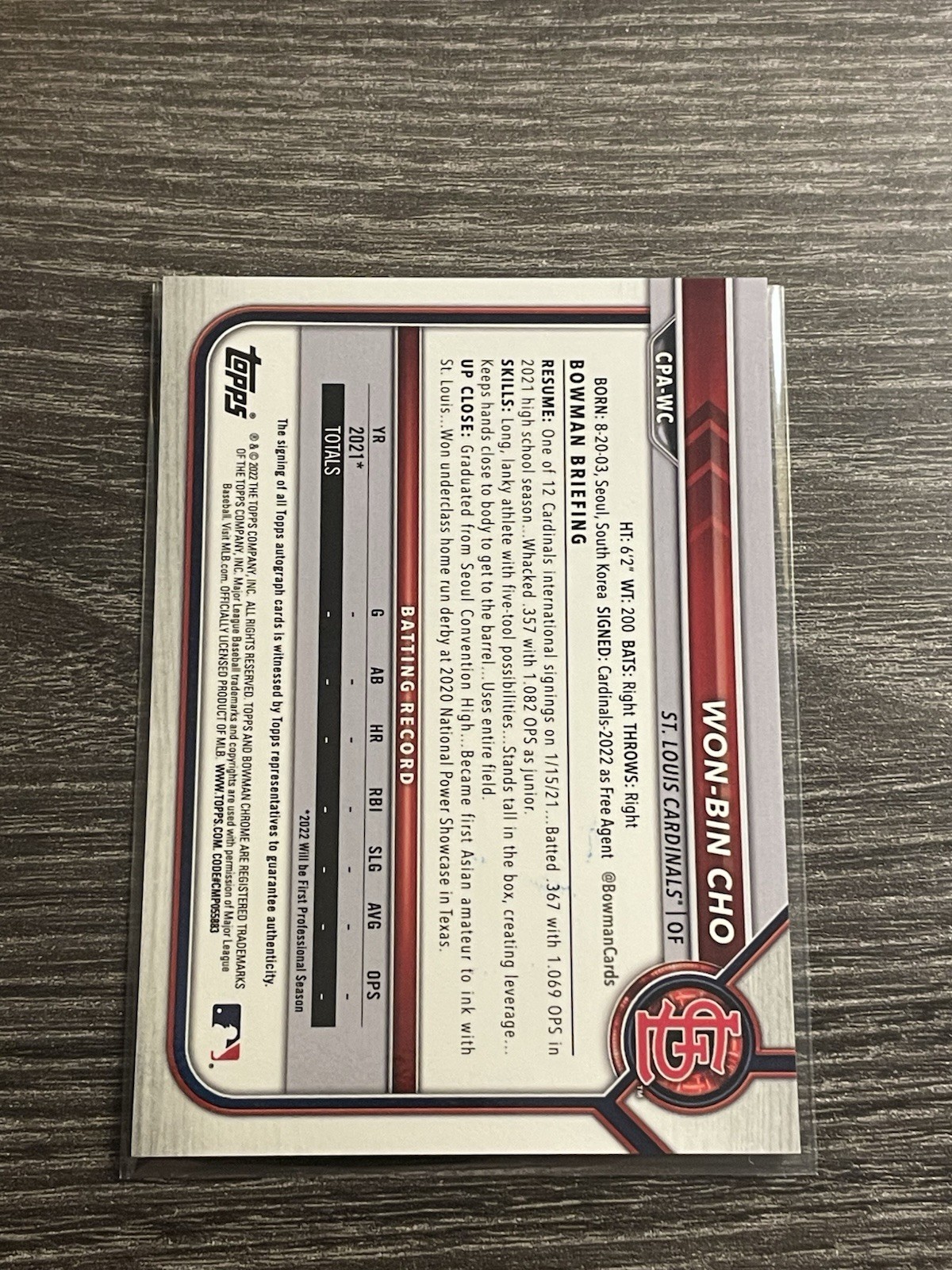 2022 Bowman Chrome Won-Bin Cho CPA-WC 1st Auto St. Louis Cardinals