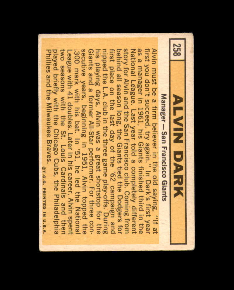 Al Dark Signed Authentic 1963 Topps San Francisco Giants Autograph