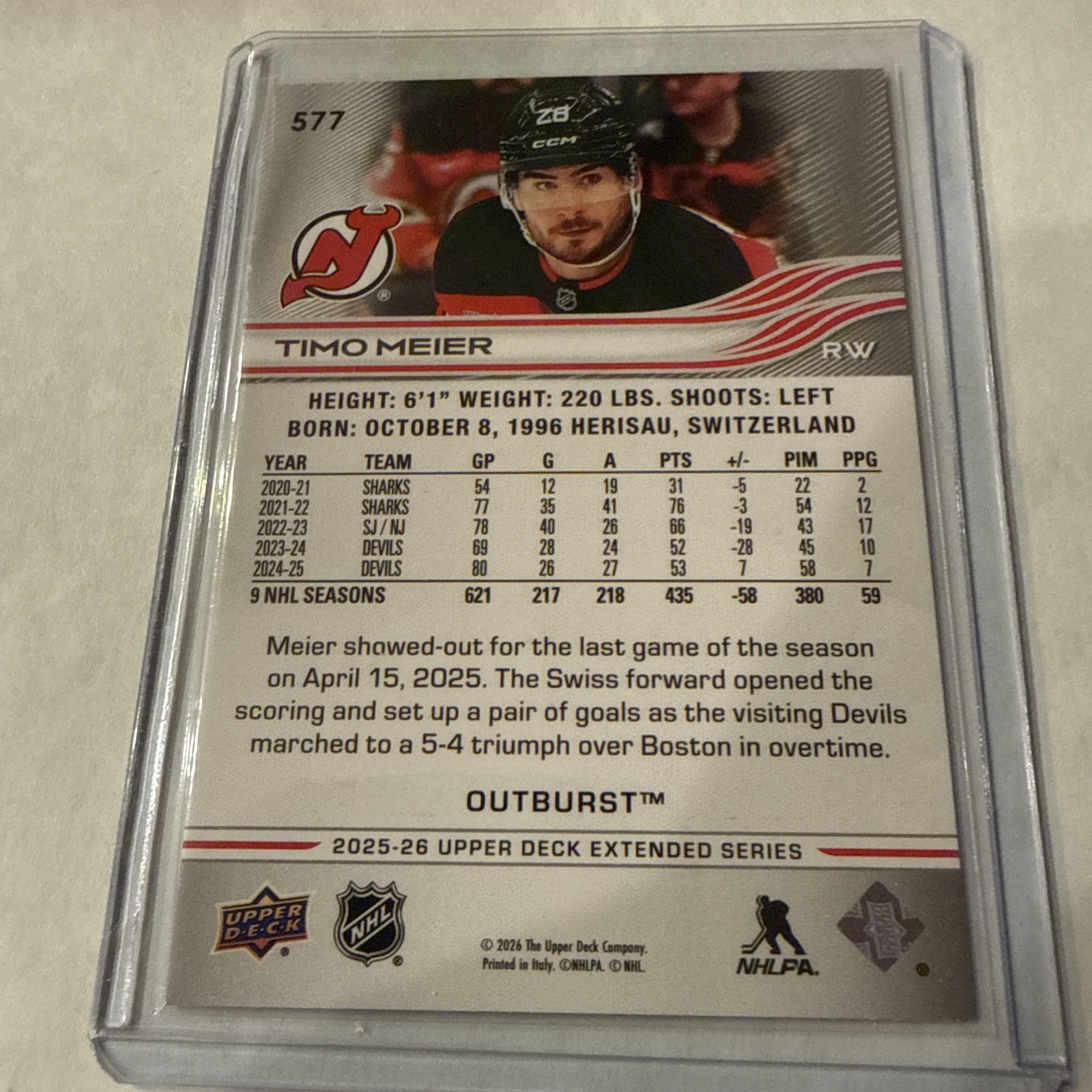 2025-26 Upper Deck Extended Series Timo Meier Outburst #577 New Jersey Devils