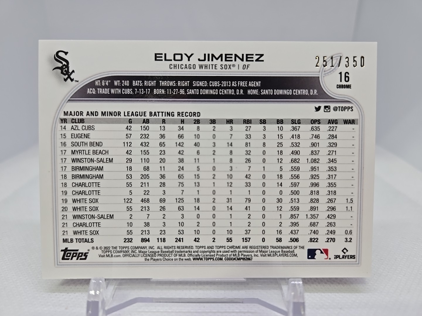 2022 Topps Chrome Eloy Jimenez 251/350 Pink Sparkle Refra. #16 Chicago White Sox