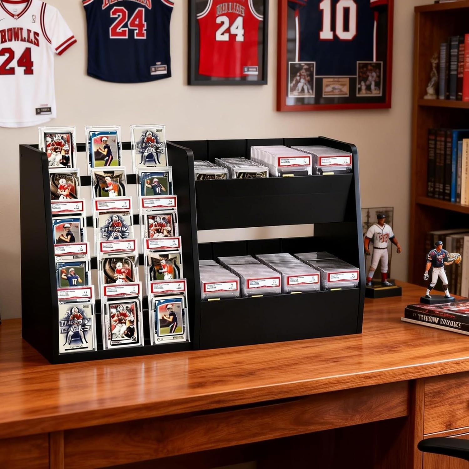 NEW 5 Tier Trading Card Display Case Stand Holds 200 Cards Wood Card Holder