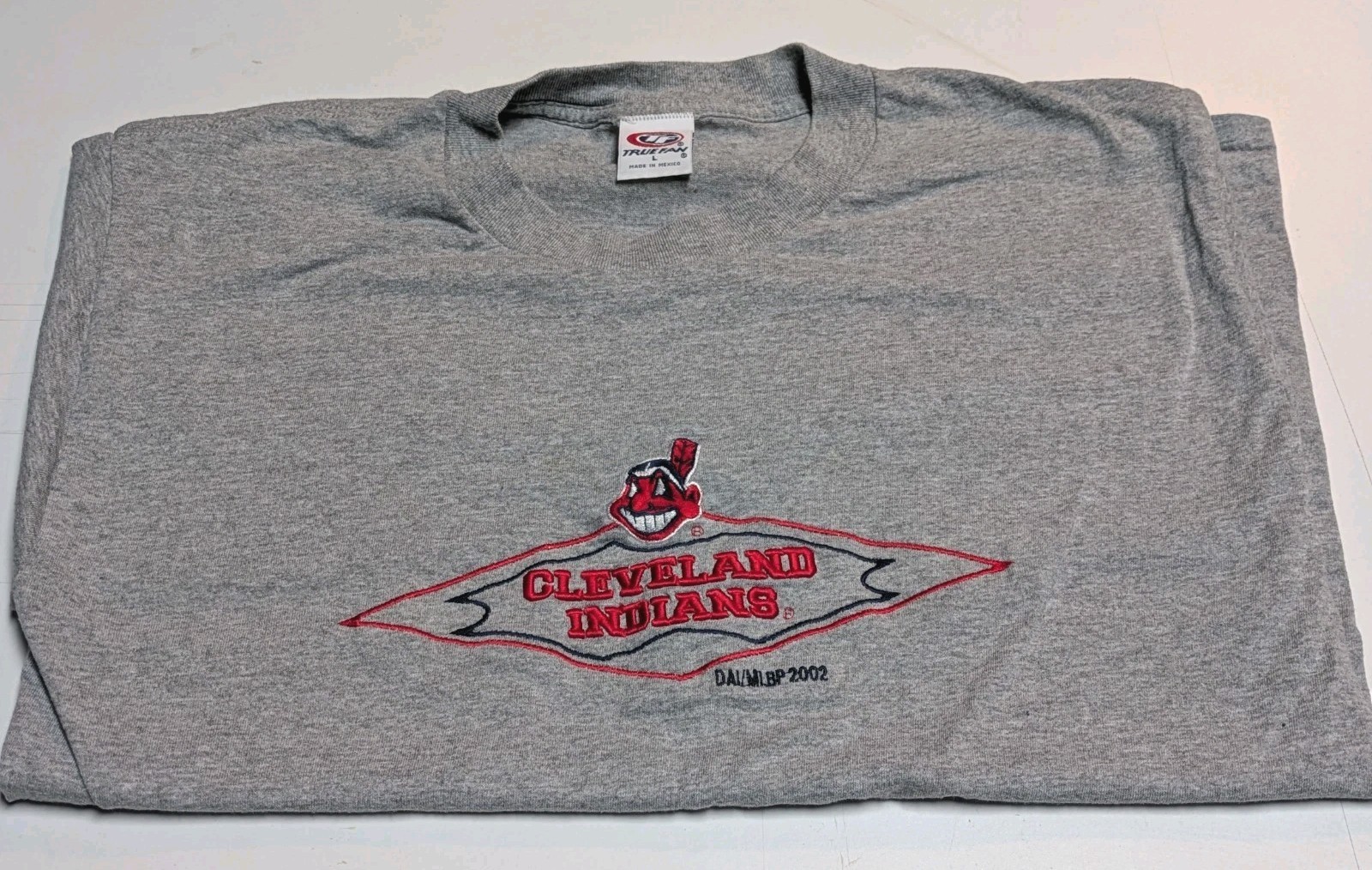Cleveland Indians Vintage 2002 Embroidered Grey T-Shirt Size Large Chief Wahoo