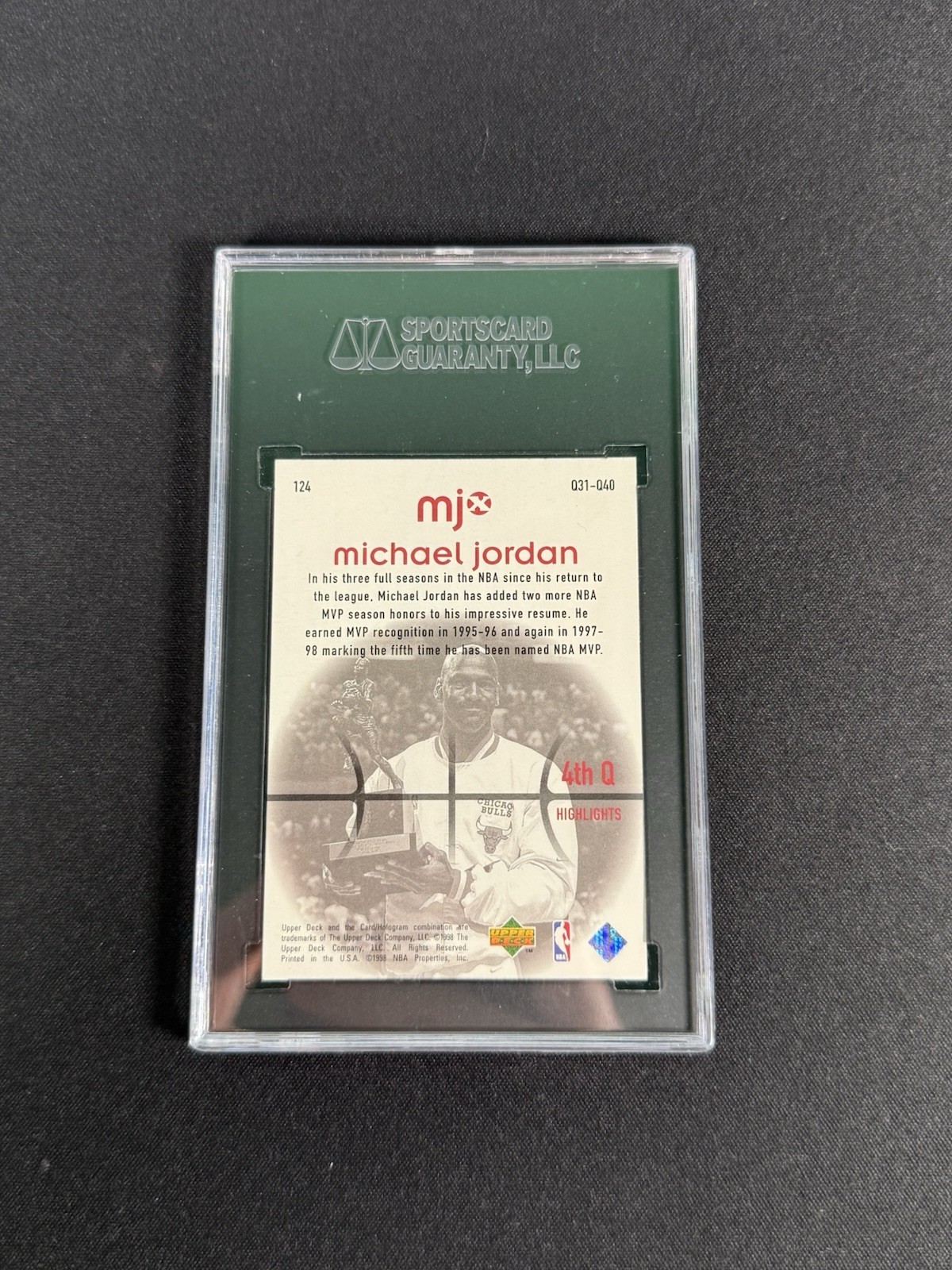 Michael Jordan 1998 Upper Deck MJx #124 SGC 10 GM HOLDING MVP TROPHY GOAT HOF
