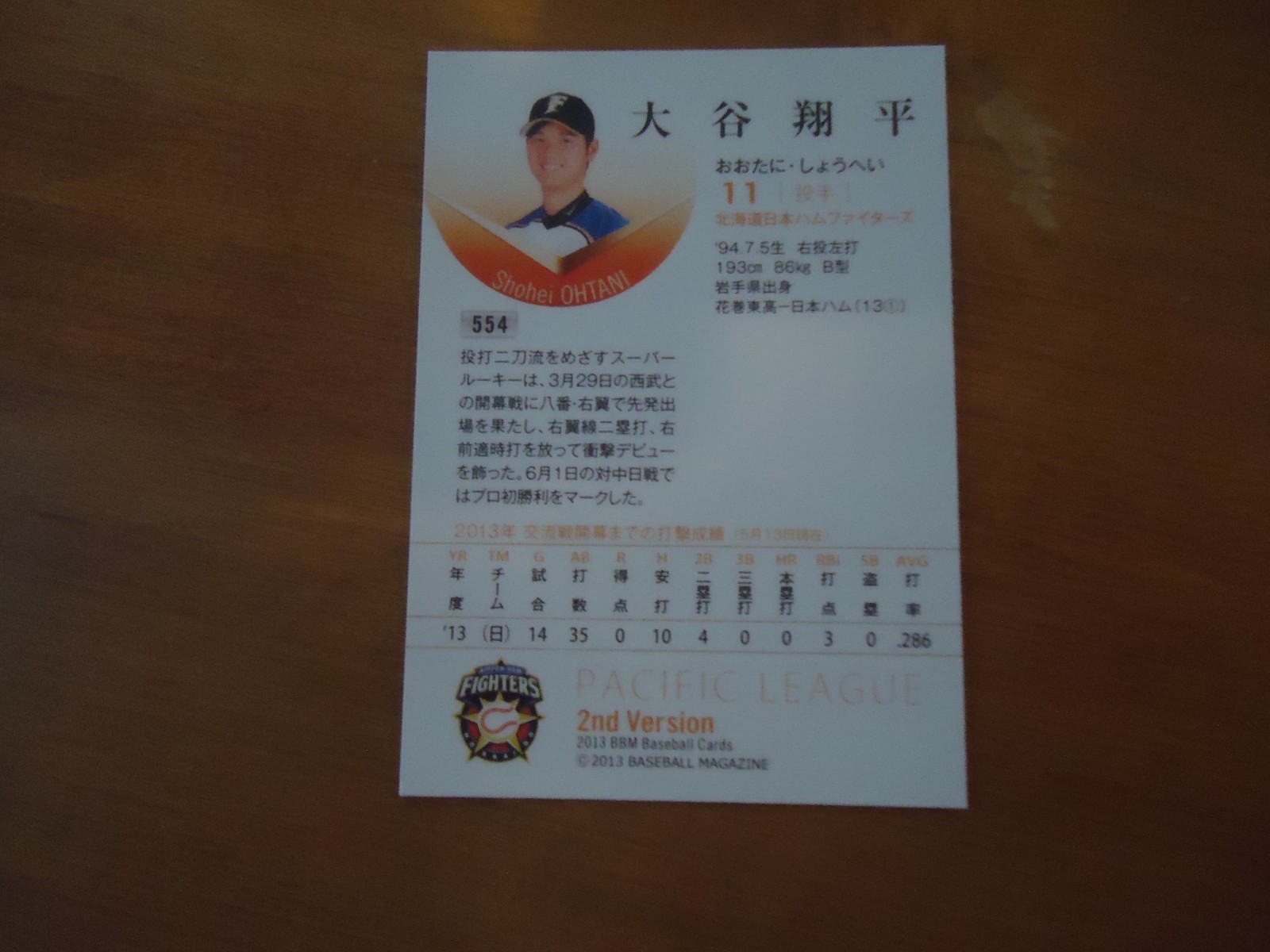 Shohei Ohtani 2013 BBM Novelty #554 Batting RC Reprint Pacific League