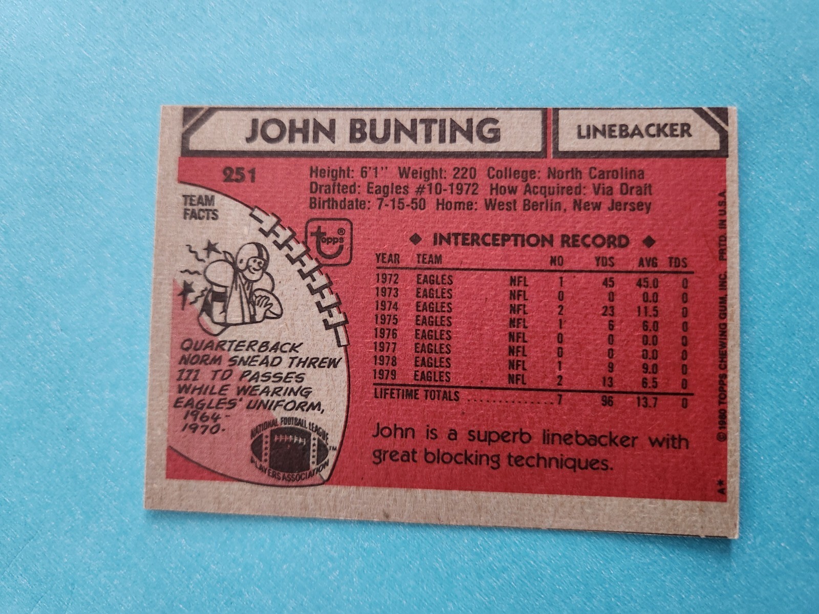 john bunting 1980 TOPPS #251 EAGLES LB