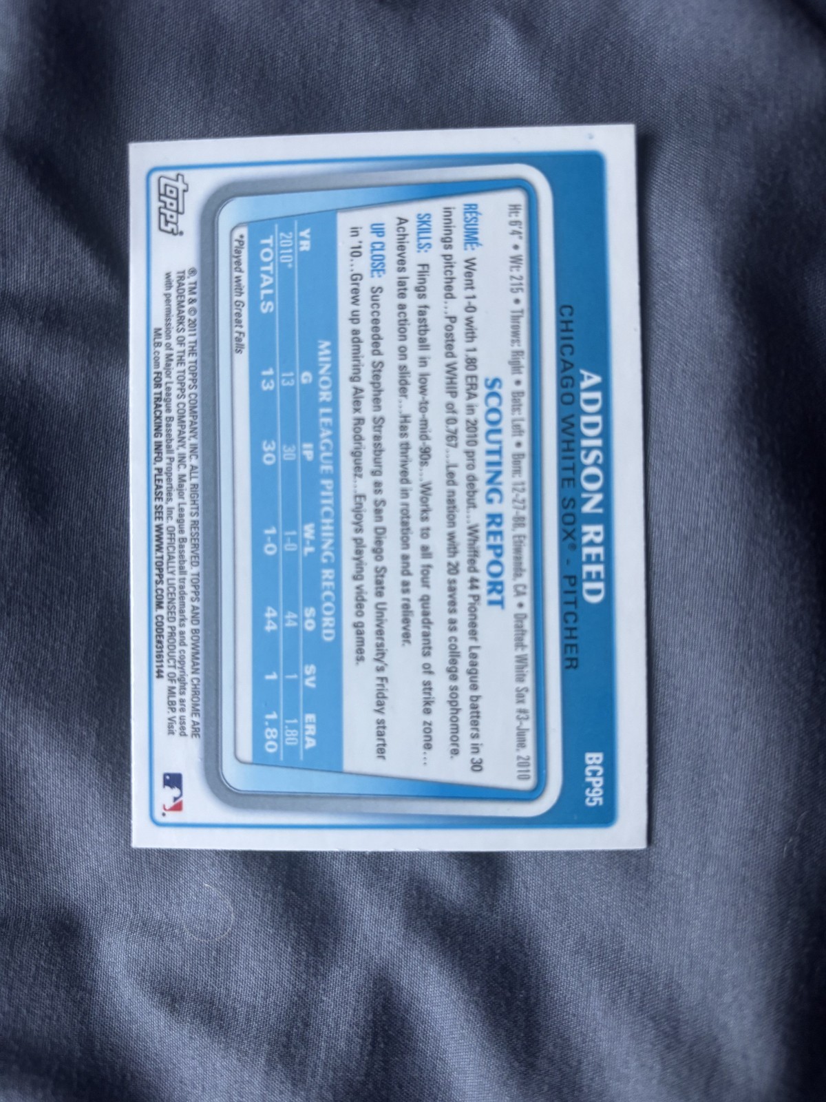 2011 Bowman Chrome Prospects Autograph Addison Reed #BCP95 Auto White Sox