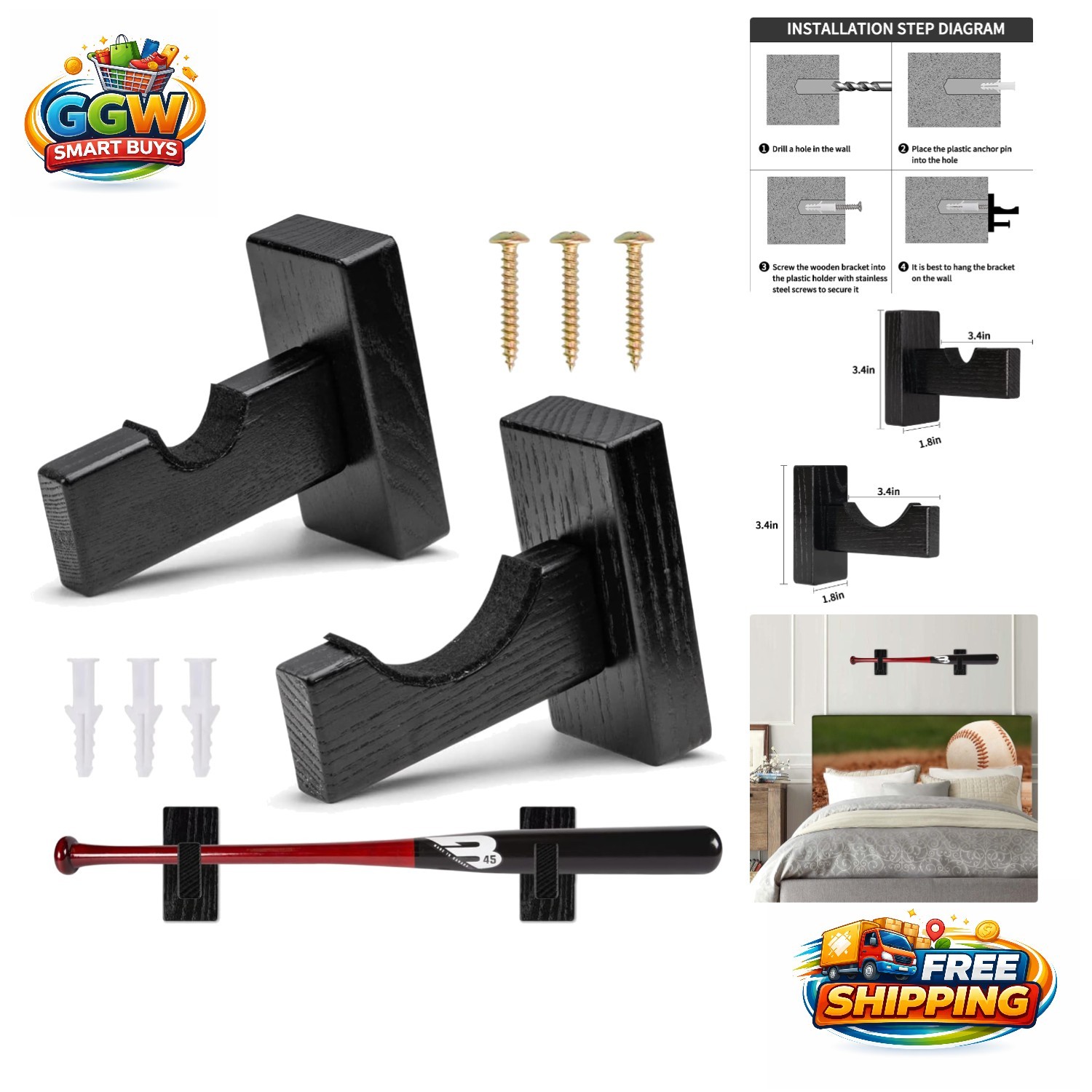 Lightweight Wooden Baseball Bat Holder – Easy to Assemble Display Solution