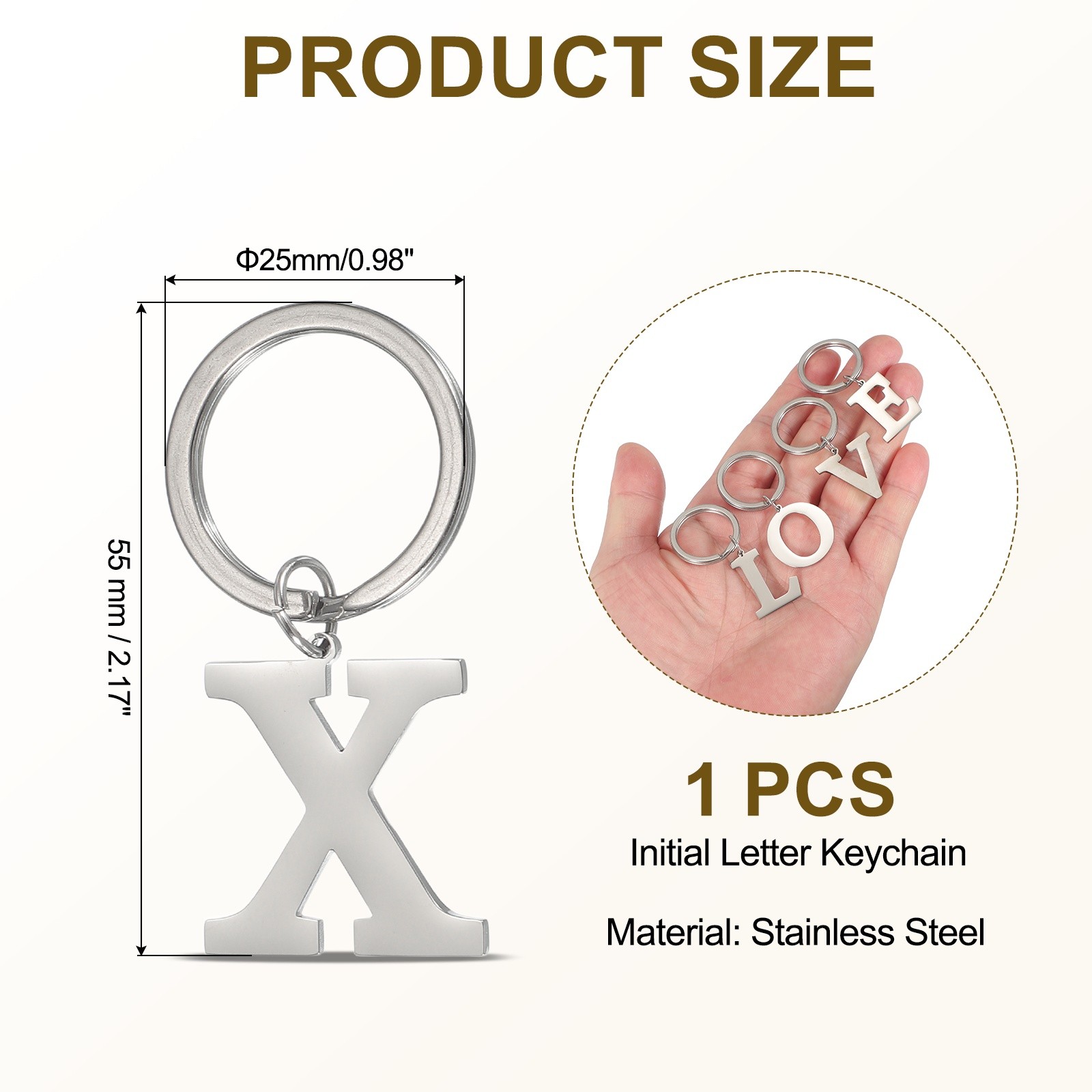 Initial Letter Keychain, Men Women A-Z Key Ring, Silver (Letter X)