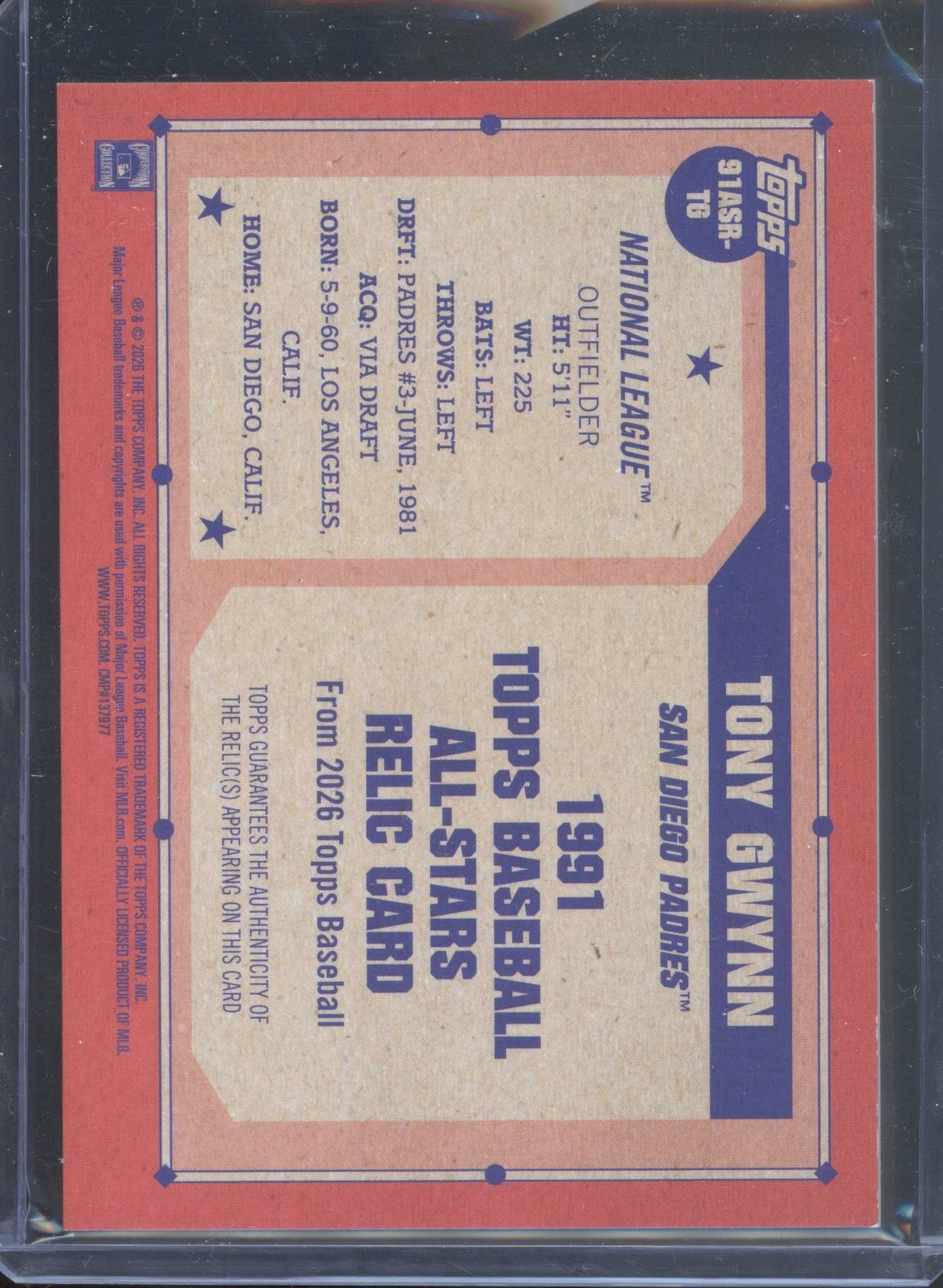 2026 Topps Series 2 TONY GWYNN #91ASR-TG 1991 All-Star Gold Relic /50 Padres