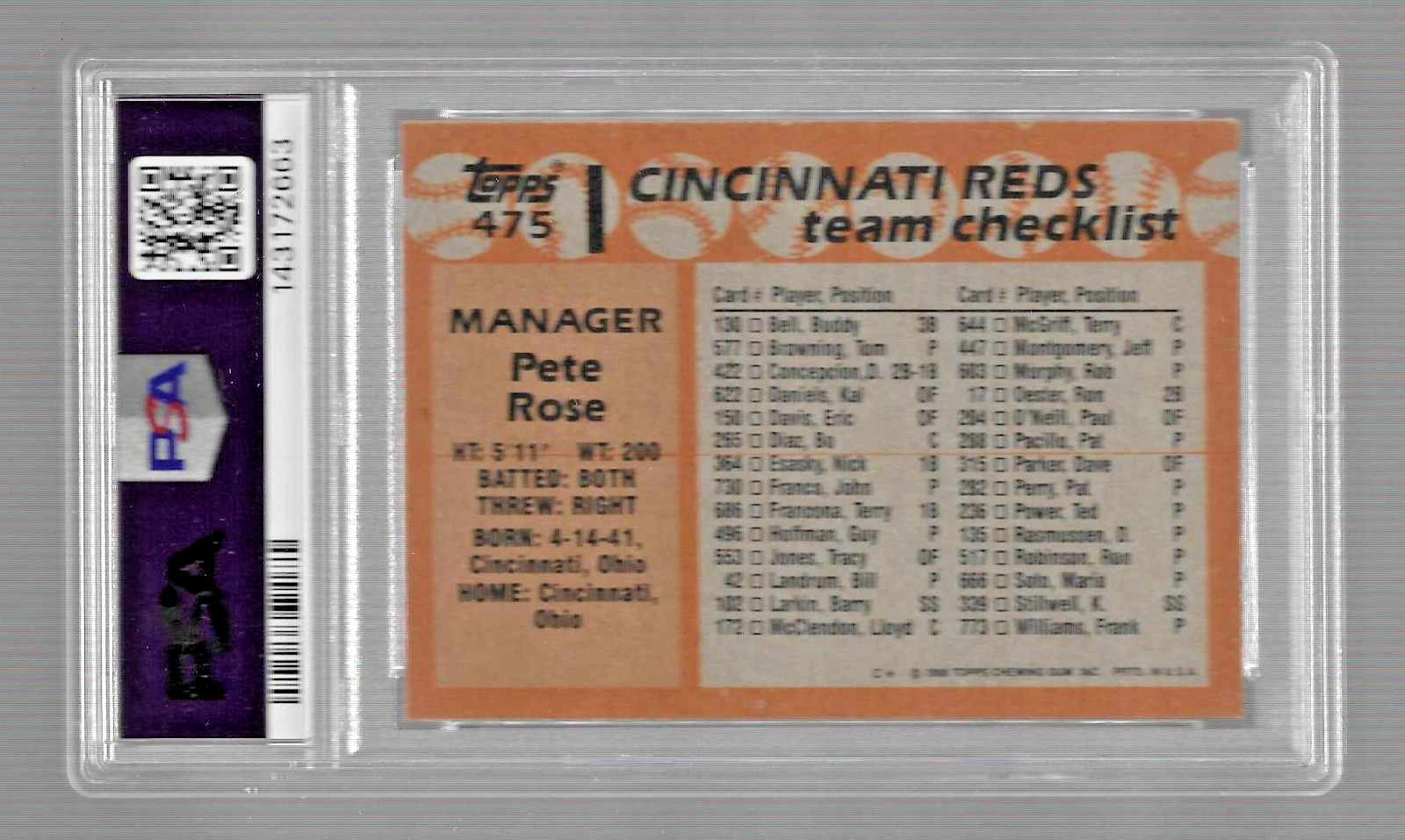 1988 TOPPS BASEBALL CARD #475 PETE ROSE GRADED PSA 9 MINT NQ MLB CINCINNATI REDS