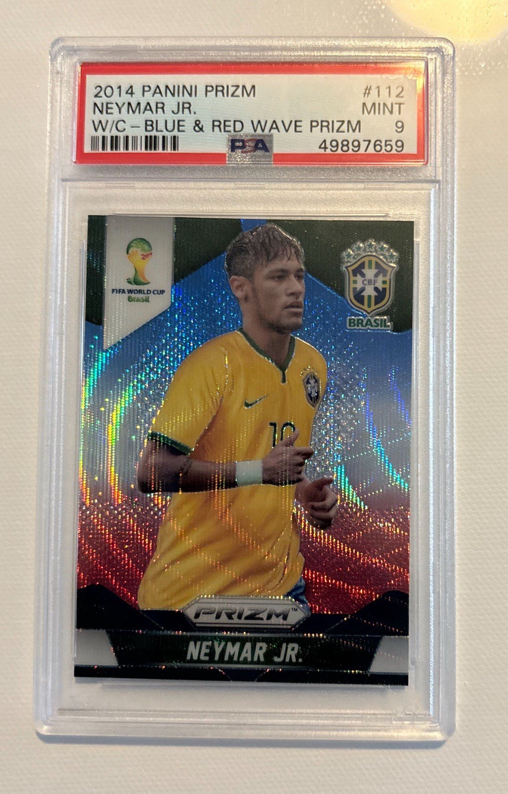 2014 Panini Prizm World Cup #112 NEYMAR JR Brazil BLUE & RED WAVE PRIZM PSA 9