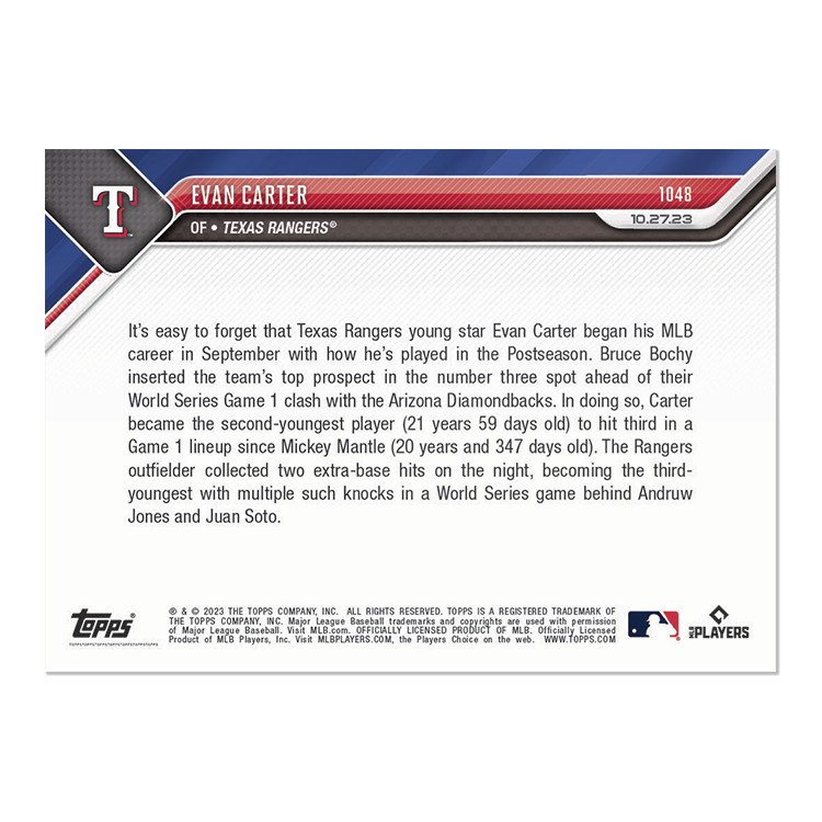 EVAN CARTER XRC 2023 TOPPS NOW #1048 TEXAS RANGERS🔥 (WORLD SERIES GAME 1)