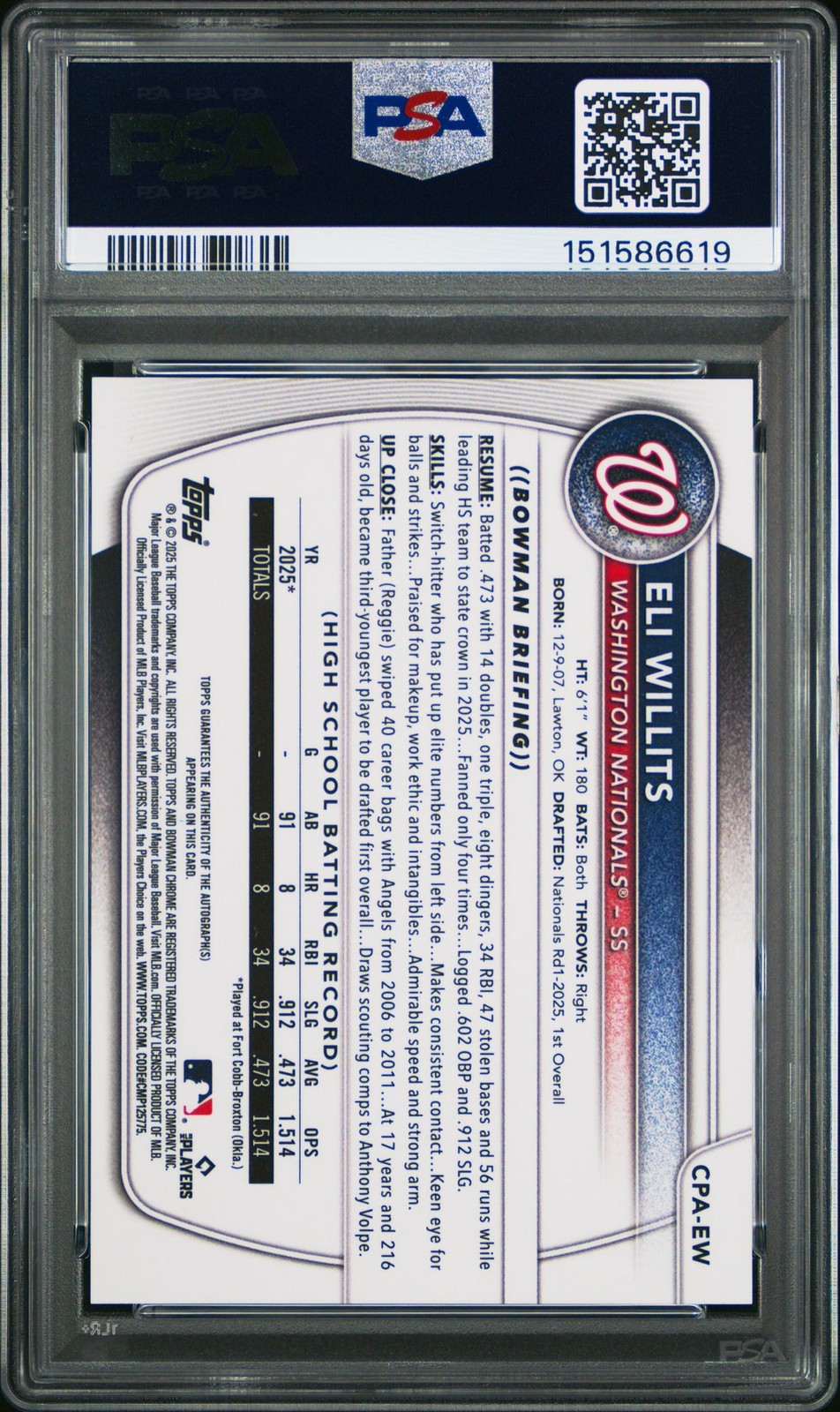 2025 Bowman Draft Chrome Eli Willits Auto 1st Prospect #CPA-EW Nationals PSA 9