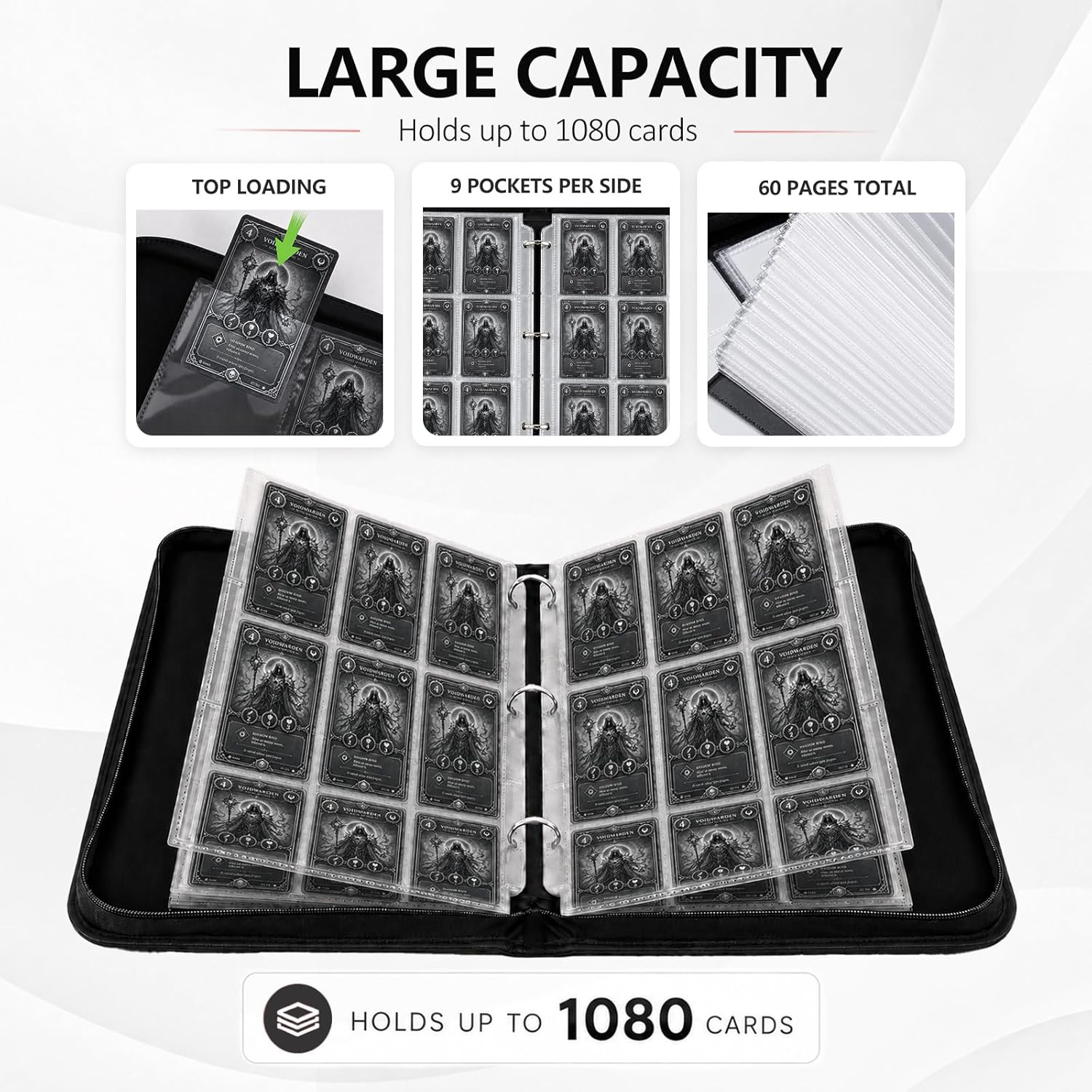 9 Pocket Trading Card Zip Binder – Holds 1080 Cards, 60 Pages Large-Capacity,Dou