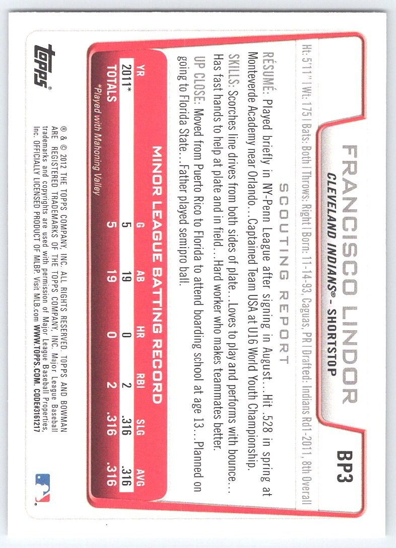 Francisco Lindor Cleveland 2012 Bowman Topps BP3 Baseball Card