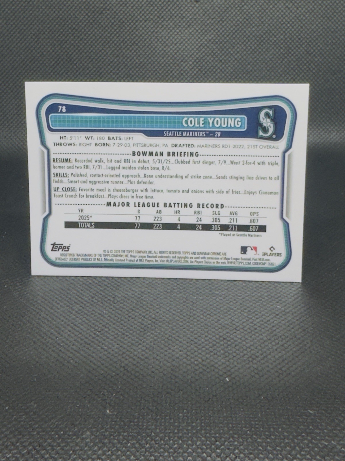 2026 Bowman #78 Cole Young Seattle Mariners Chrome Mojo Refractor RC