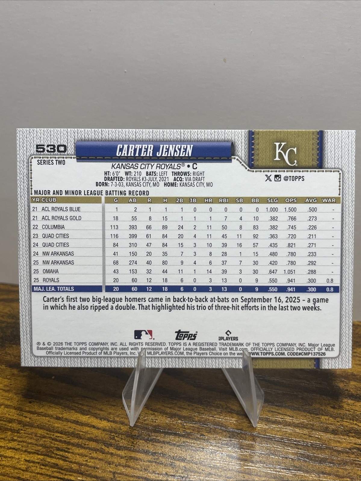2026 Topps Series 2 #530 Carter Jensen Holiday Sun Foil RC – Kansas City Royals