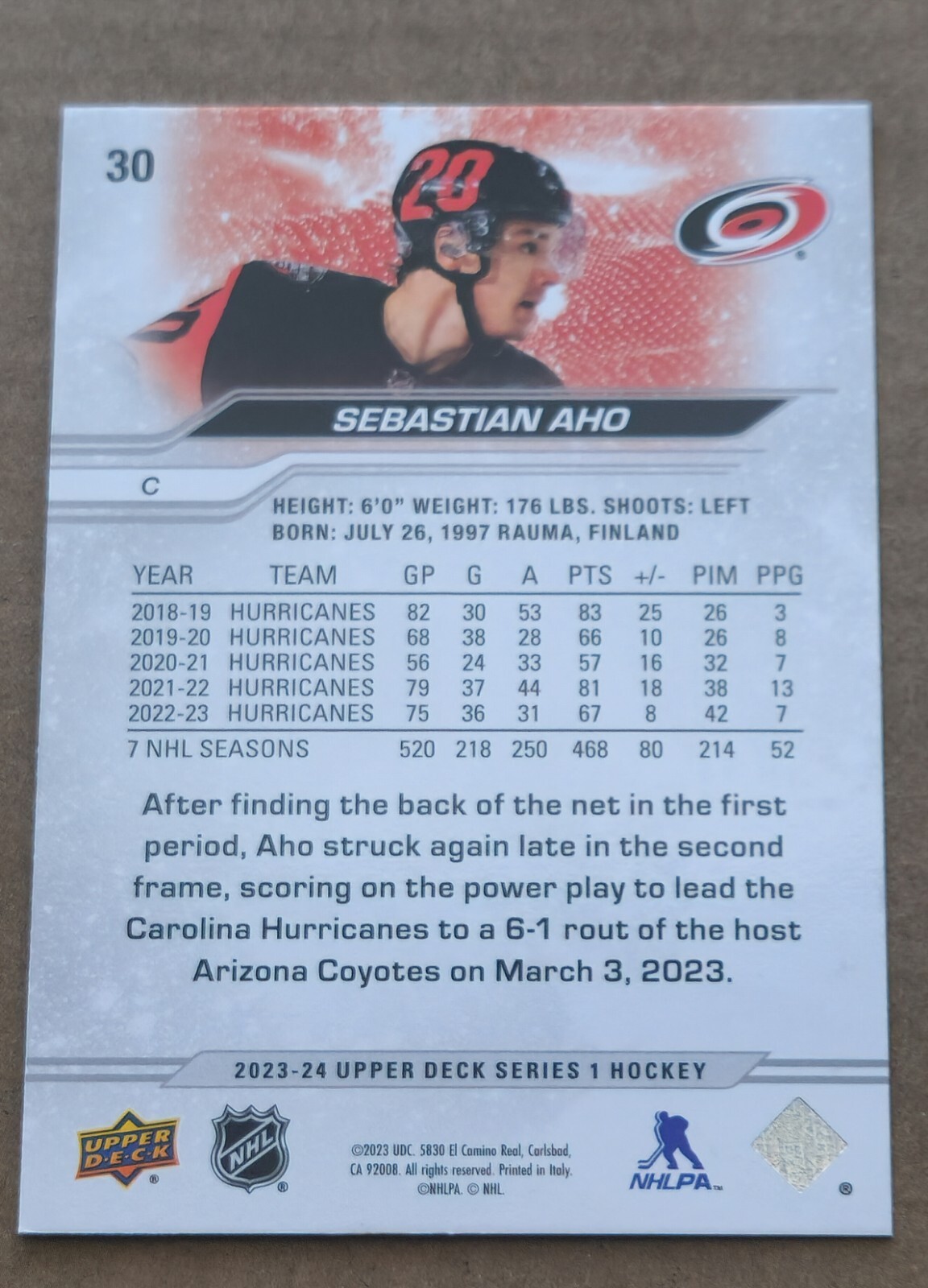 Sebastian Aho 2023-24 Upper Deck Series 1 #30 Hurricanes