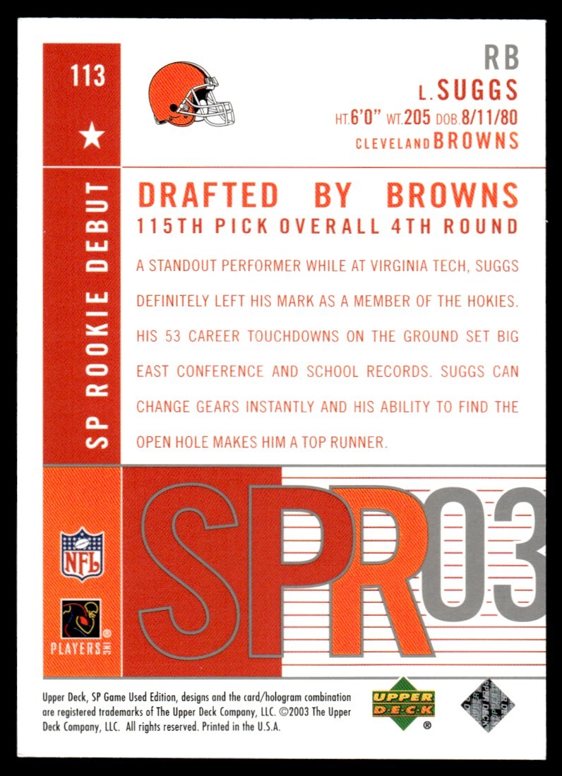 2003 SP Game Used Lee Suggs Rookie 351/600 Cleveland Browns #113