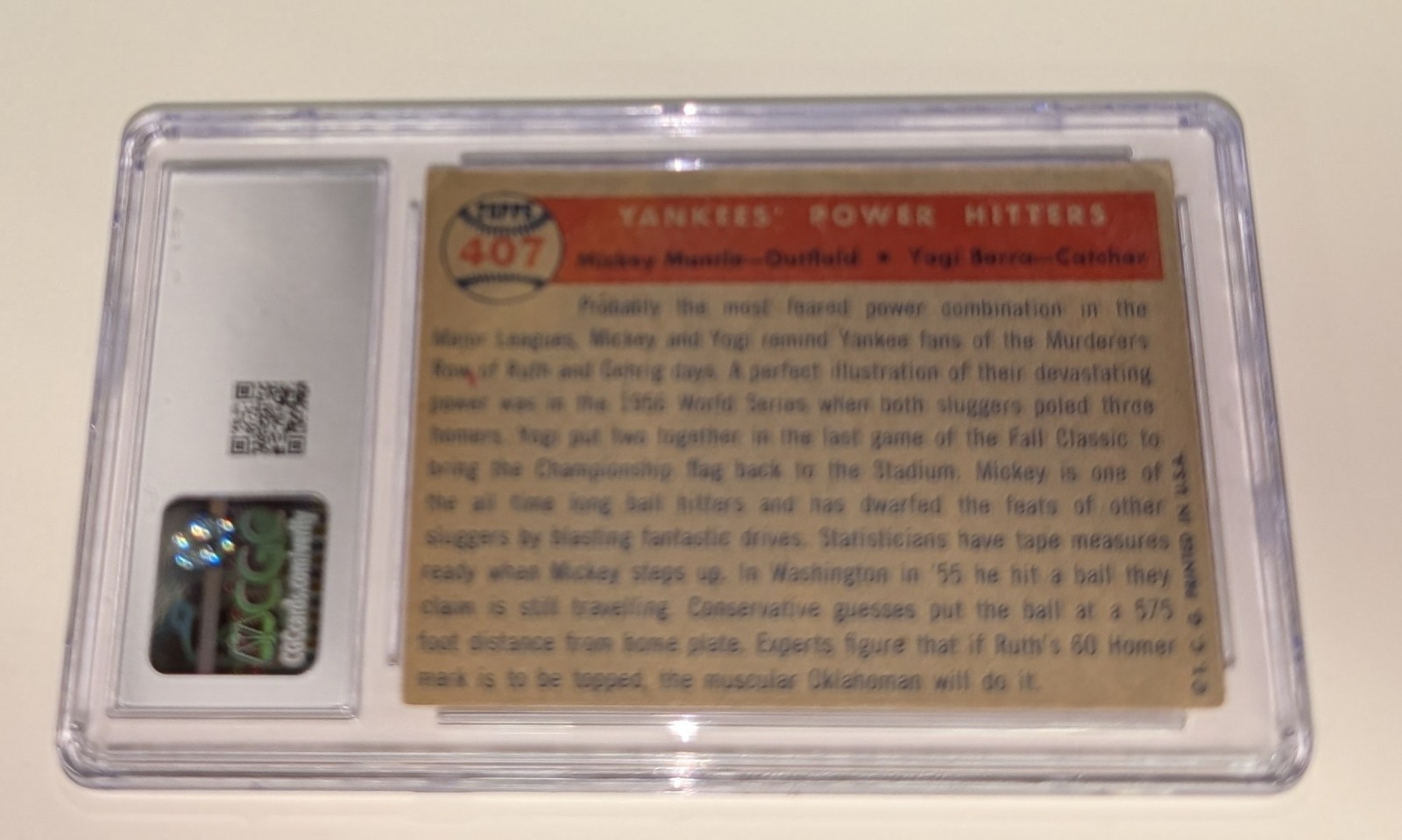 1957 Topps #407 Mickey Mantle Yogi Berra Yankees’ Power Hitters CGC 2 Good