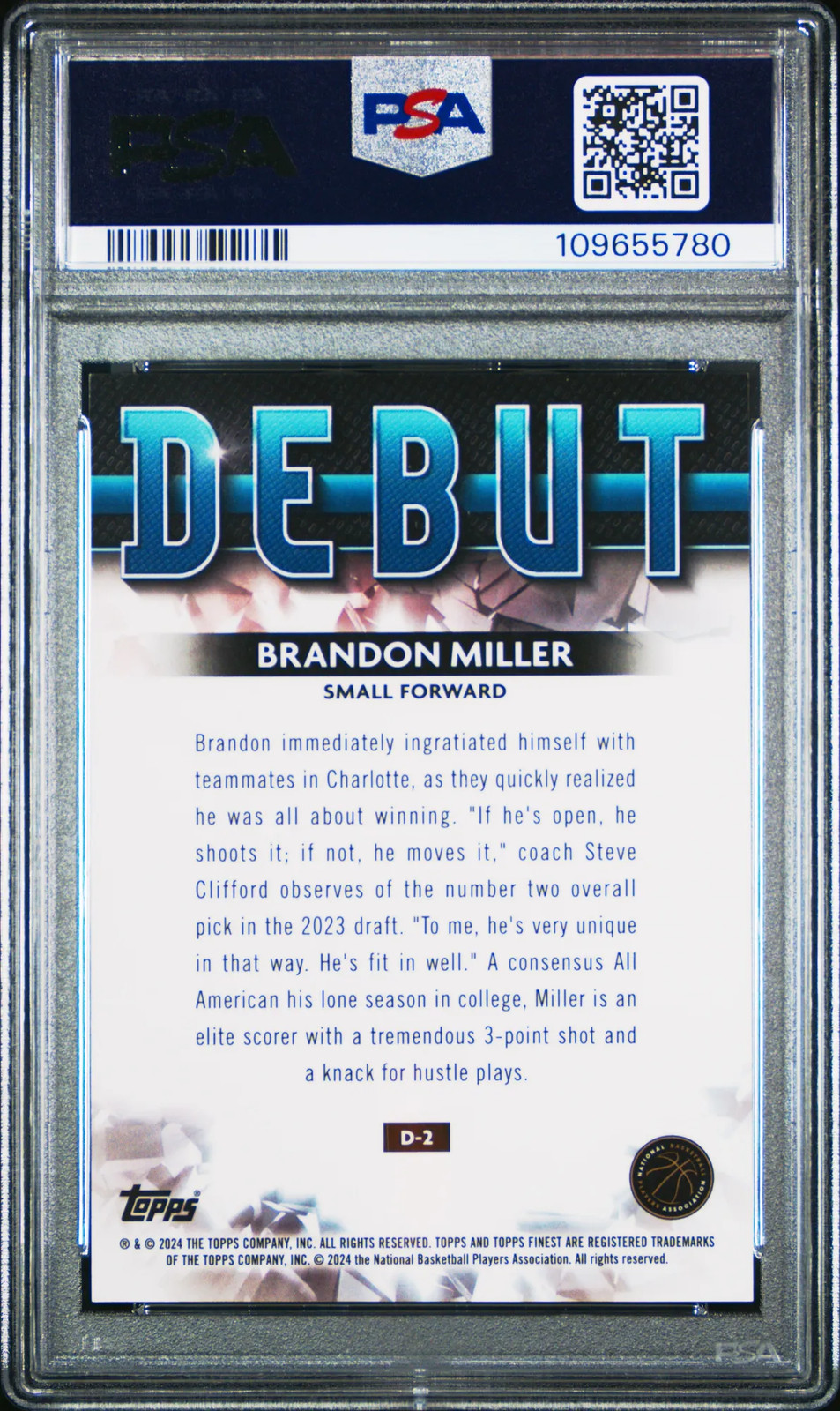 2023-24 Topps Finest – Debut Brandon Miller #D-2 Gold Refractor 05/50 PSA 9