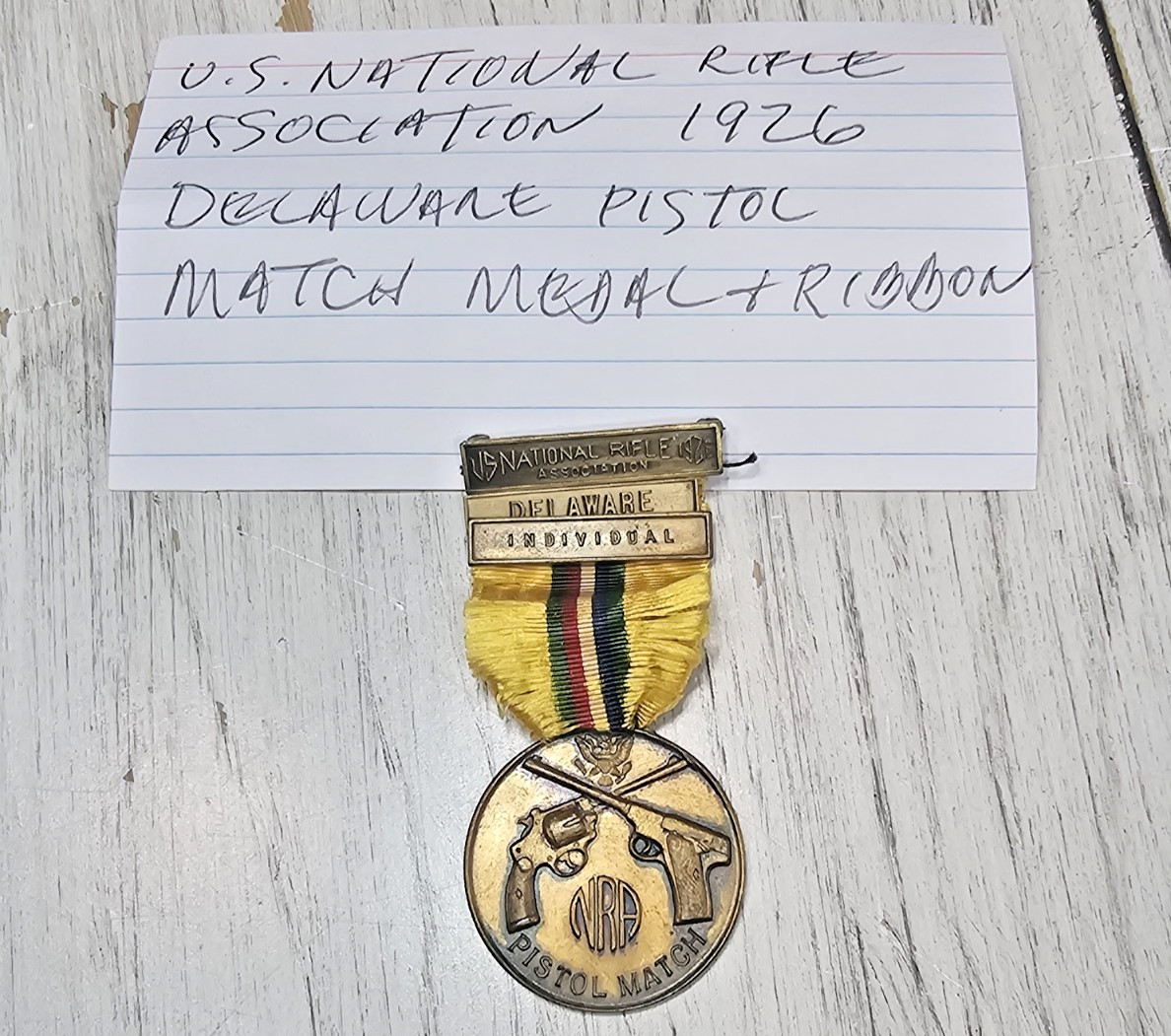 🏅1926 NRA Delaware Pistol Match Medal Original Marksman Award w/ Ribbon Antique