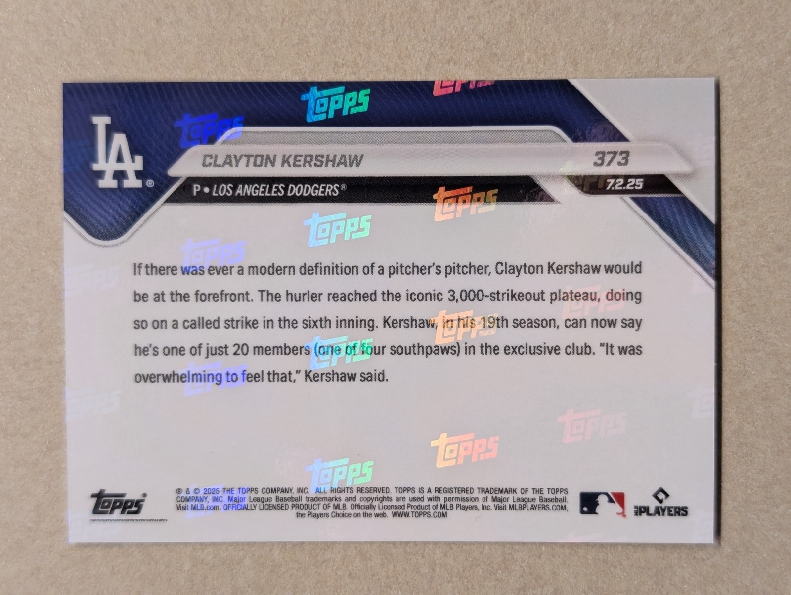 2025 Topps Now #373 – Clayton Kershaw #373 3K Strikeouts Dodgers