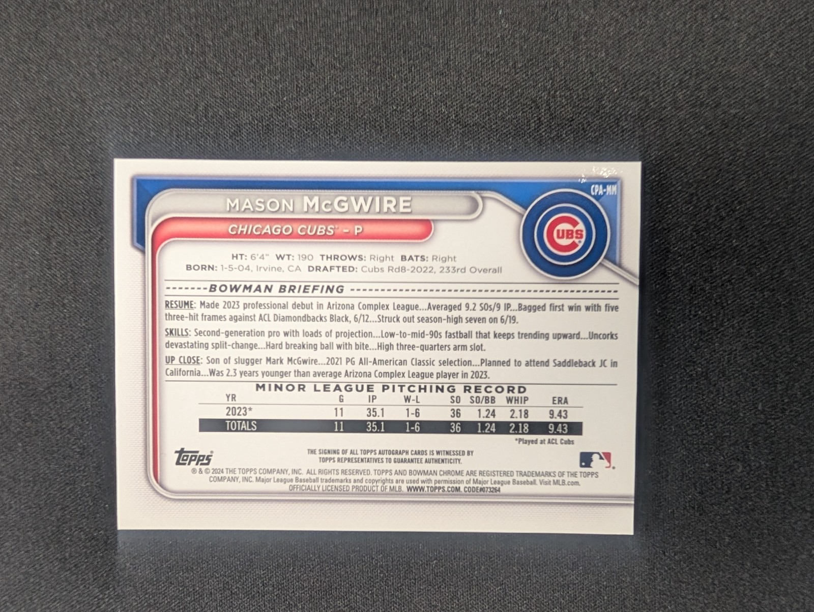 Mason McGwire 2024 Bowman Chrome – Prospect Auto #CPA-MM Purple Refractor /250