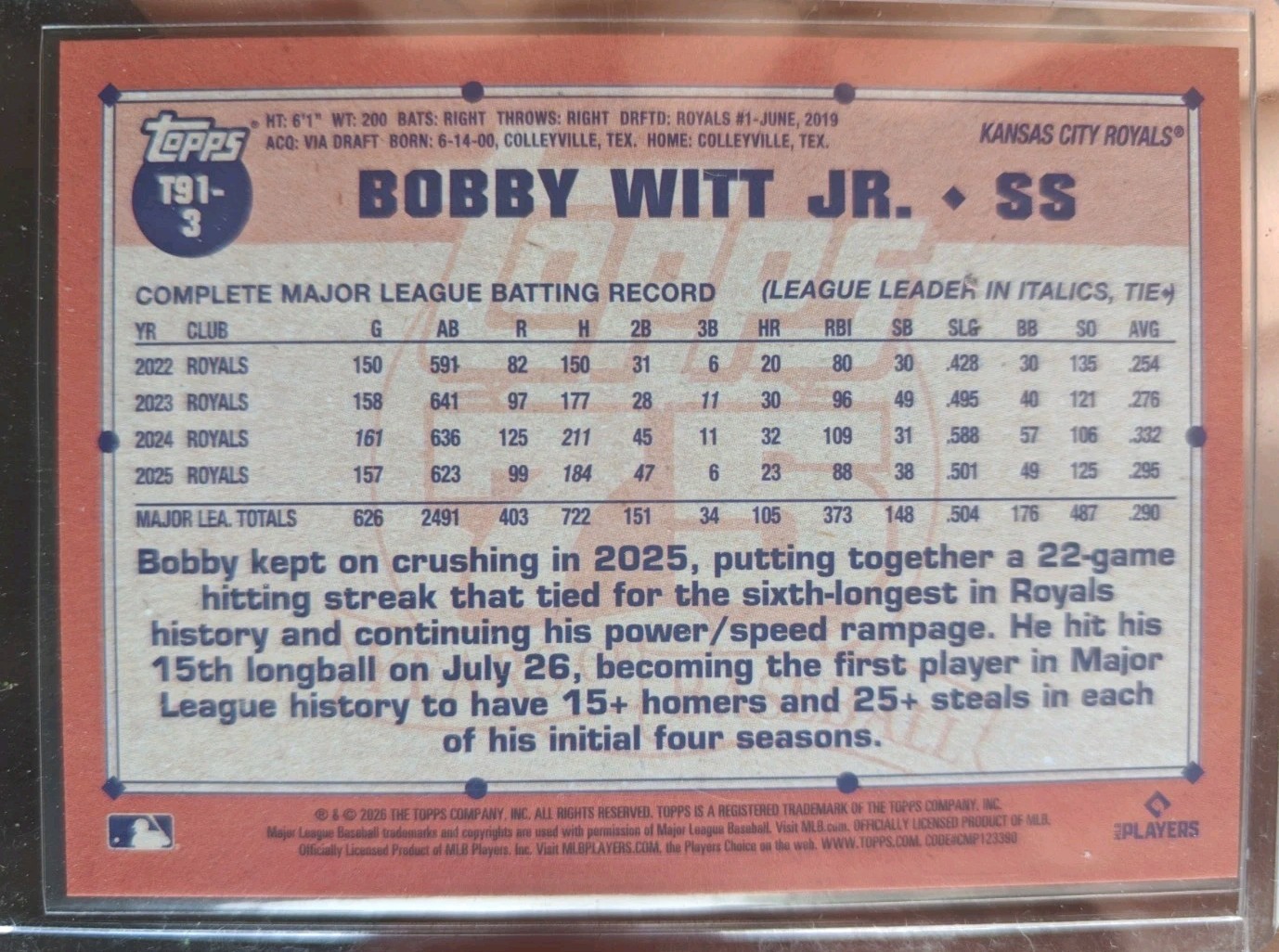 2026 Topps Series 1 – 1991 Topps Baseball Bobby Witt Jr. #T91-3